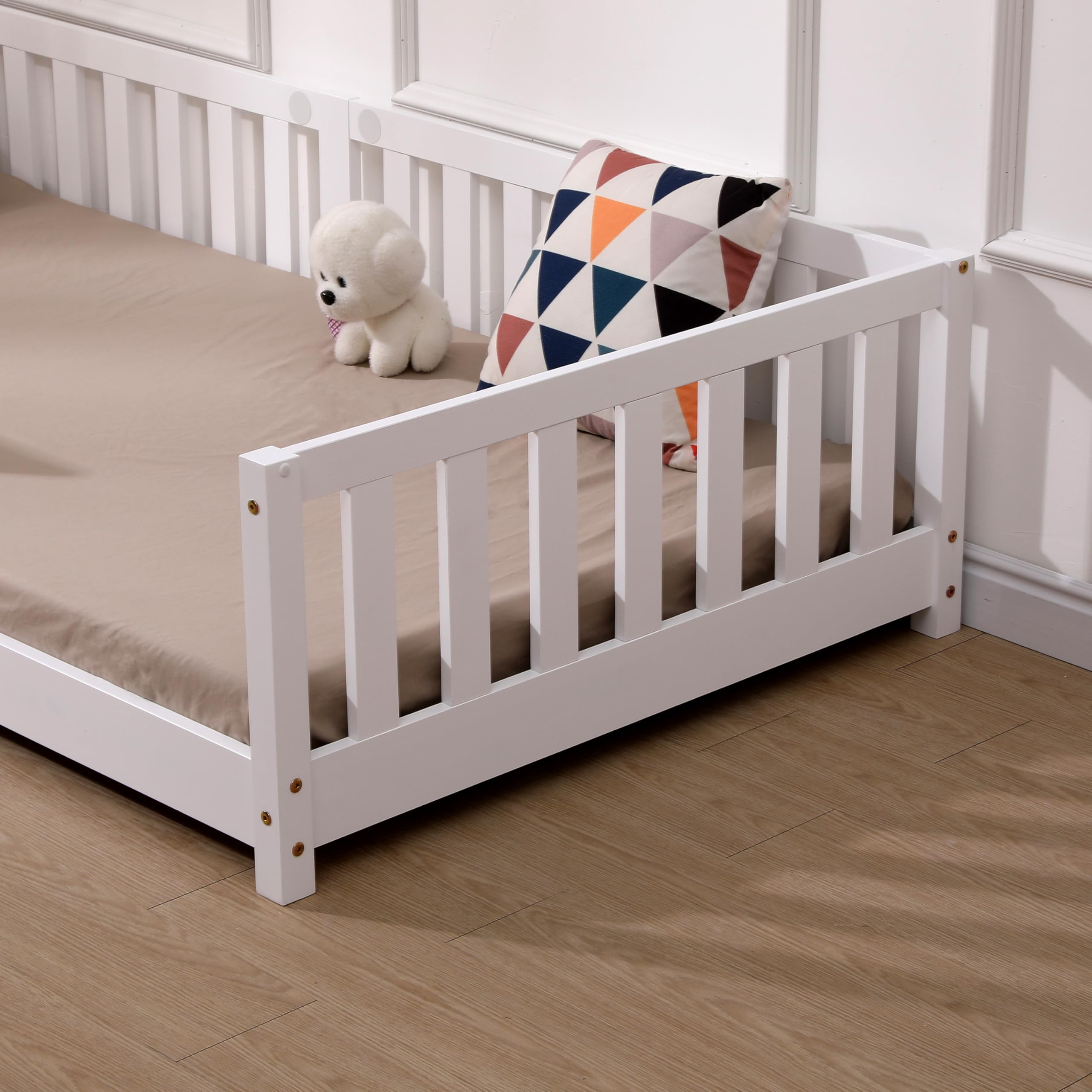 ecomi® Kinderbett 80x160 mit Rausfallschutz Bodenbett Kinder Bett mit Lattenrost für Kinder Kinderbetten für Mädchen und Jungen Massivholz Kiefer in Weiß