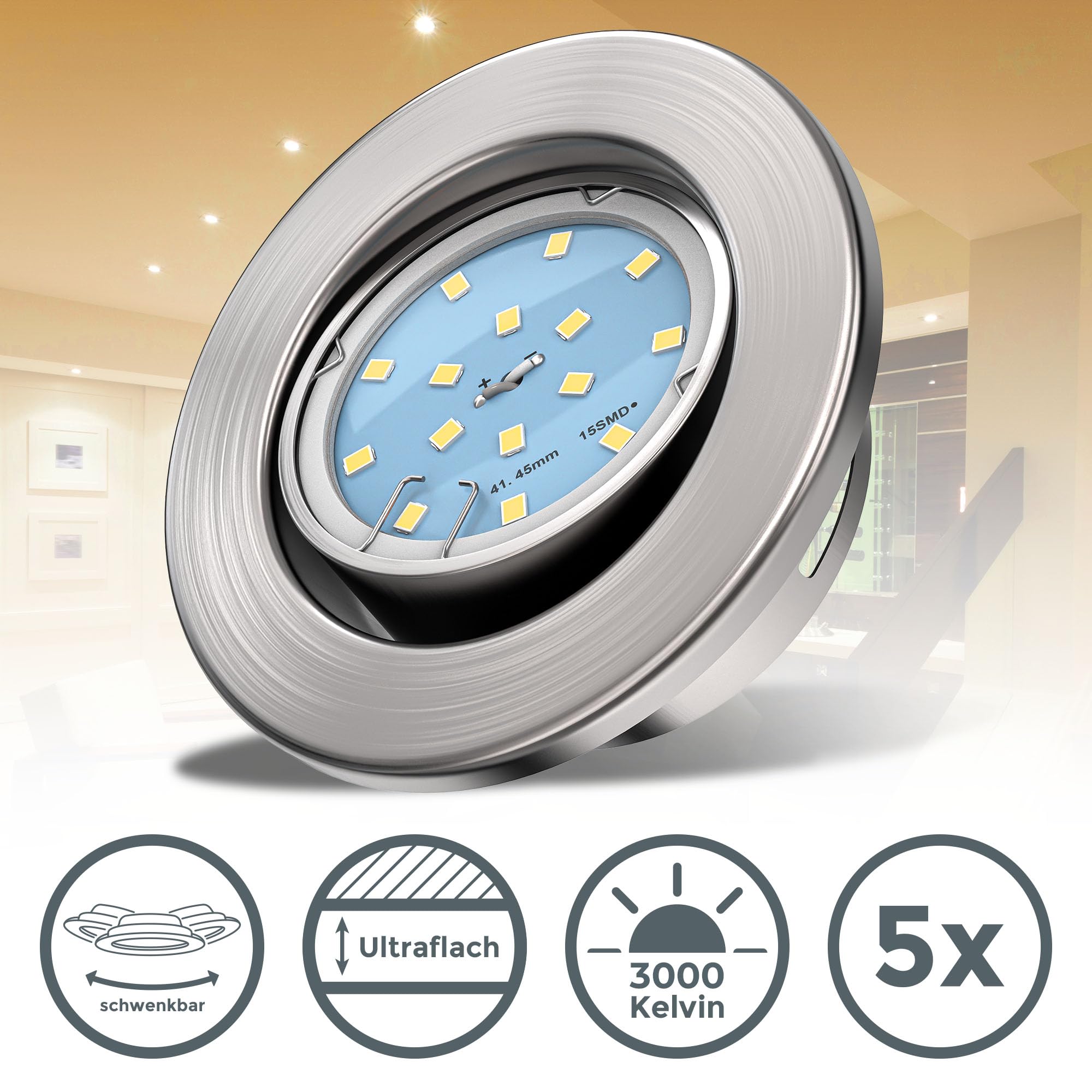 B.K.Licht - 5er Set LED Einbaustrahler 230V schwenkbar, warmweiße Lichtfarbe, Lochmass 68mm, LED Spot, flach, Deckenspots, Spots, Einbauleuchten, Einbauspots, 86x26 mm, Matt-Nickel