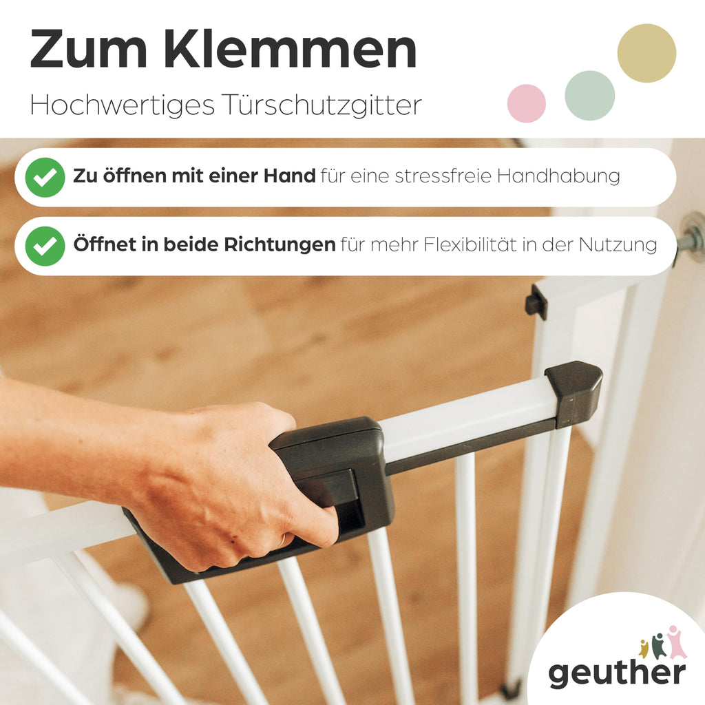 Geuther Türschutzgitter Easylock Plus | Treppenschutzgitter ohne Bohren Breite 68-76 cm | Türgitter Baby Holz-Metall | Kinderschutzgitter beidseitig öffnend | Kindersicherung Tür | Weiß
