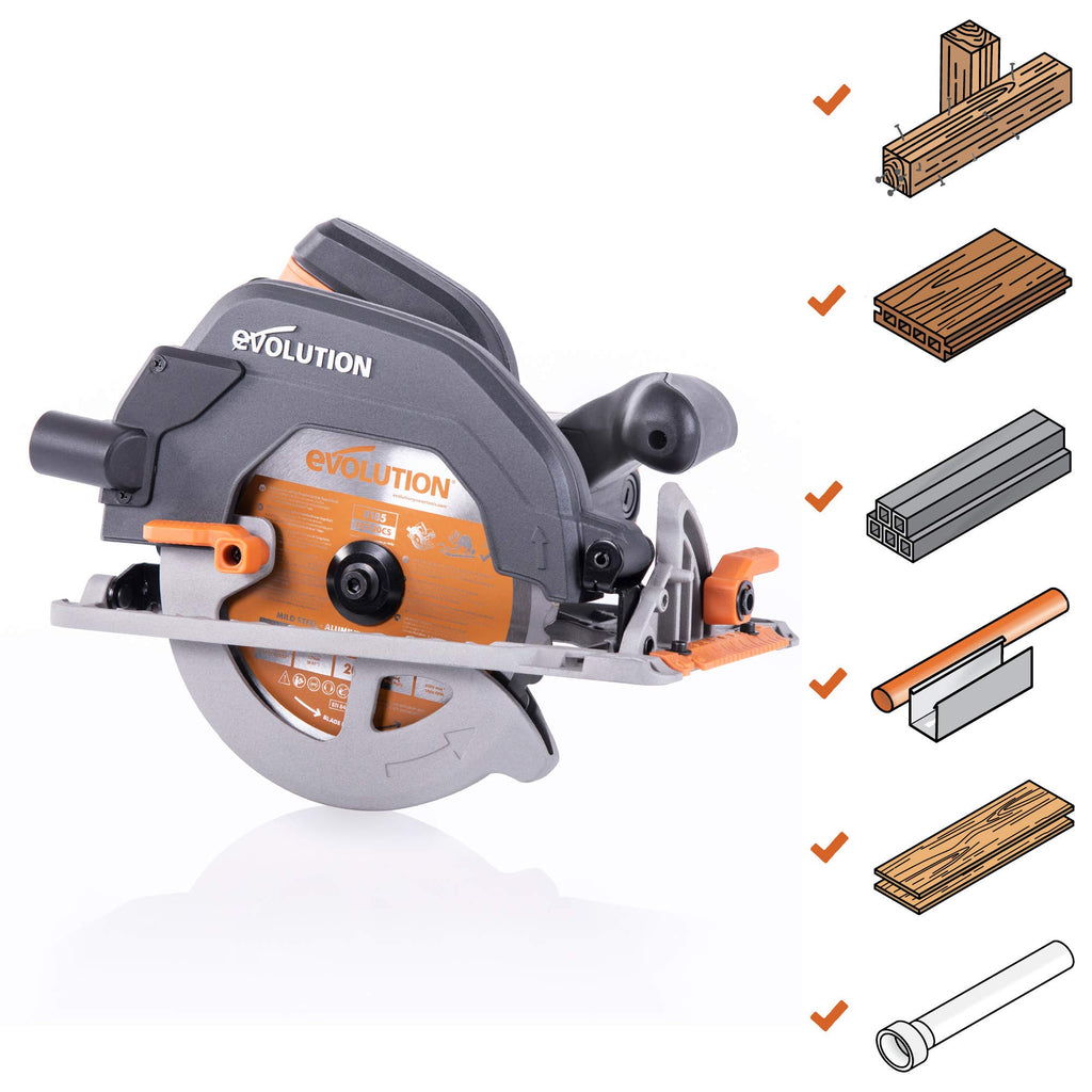Evolution Handkreissäge R185CCS Kreissäge Tauchsäge 1600W Inkl. Ø 185 mm HM-Sägeblatt Mehrzweck Multi-Material-Schneiden Holz, Aluminium, Stahl, Kunststoff | Scie Circulaire mit Führungsschiene