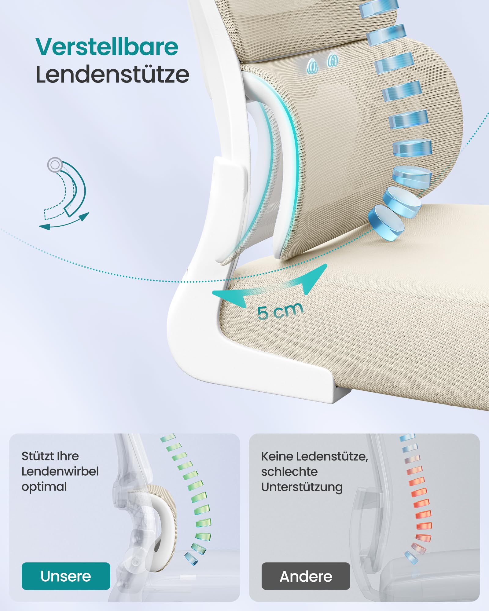 SONGMICS Bürostuhl, Schreibtischstuhl, ergonomischer Netzstuhl, mit doppellagigem Netzgewebe, atmungsaktiv, Adaptive Lendenstütze, verstellbare Kopfstütze, für Homeoffice, sandbeige OBN041L01