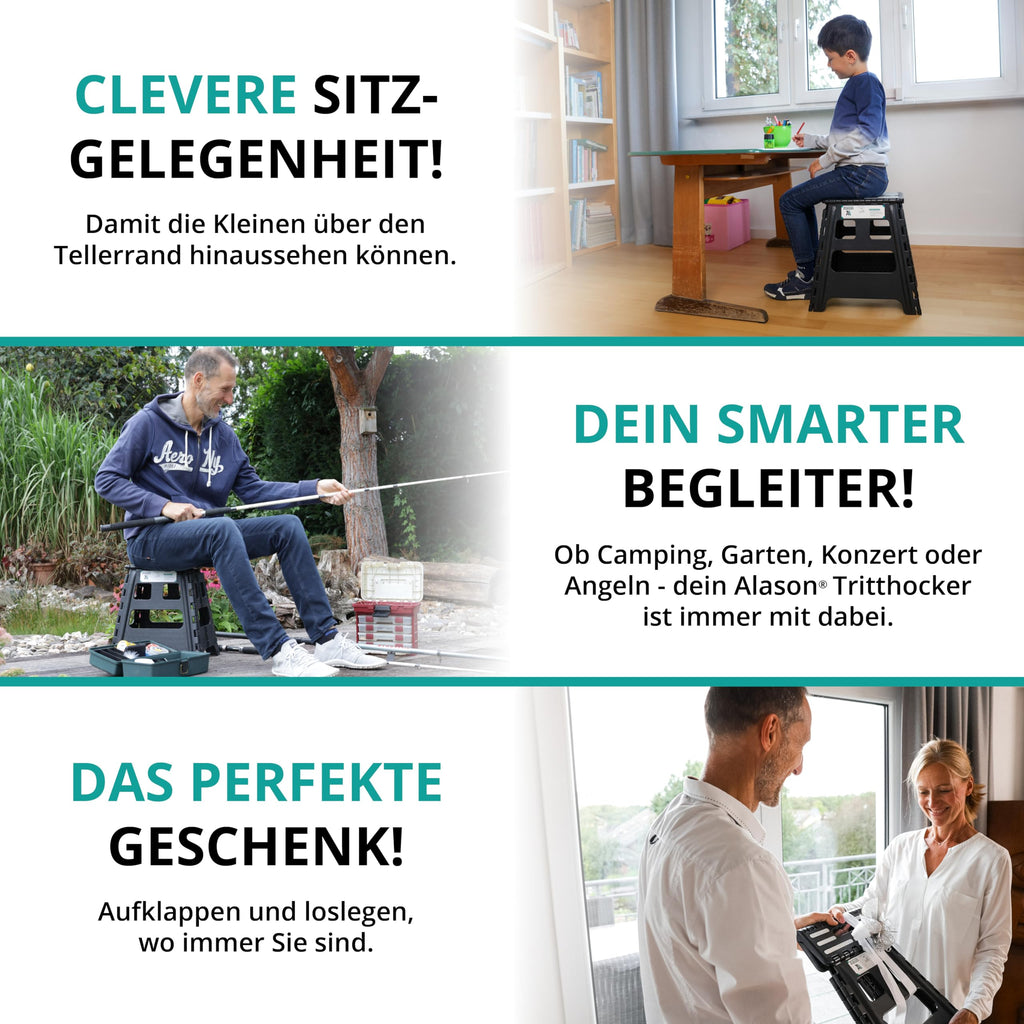 VERGLEICHSSIEGER - Alason® Tritthocker Klappbar 39cm, Belastbar bis 200kg – Mit Aufhängehaken & Aufbewahrungstasche – Platzsparender, Faltbarer Hocker in Anthrazit/Schwarz für Zuhause, Küche & Bad