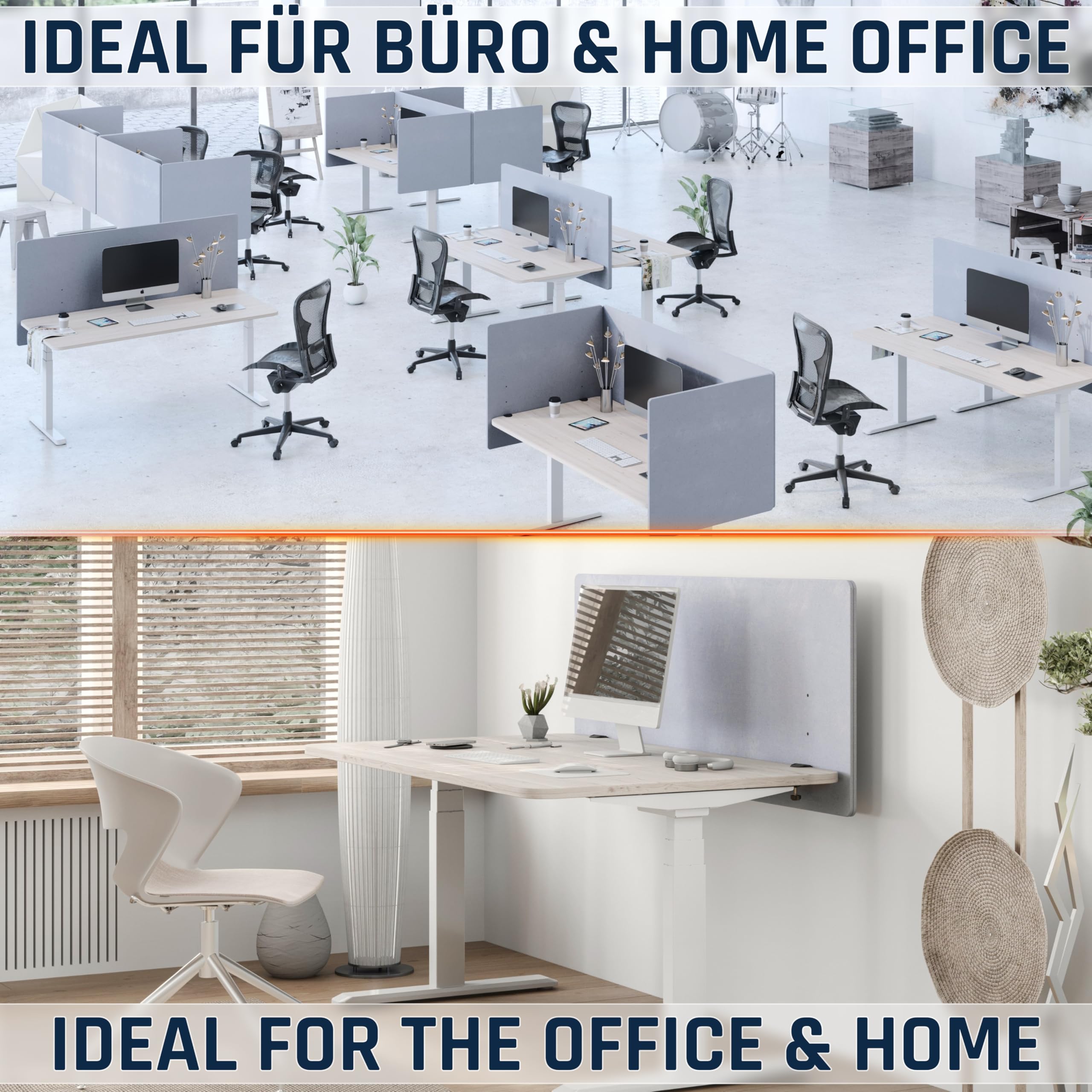 RICOO ZAP1680-G Akustik Trennwand Schreibtisch 160 x 80cm Sichtschutz Schreibtisch Trennwand Filz Pinnwand Grau Geräuschdämmung Akustik Diffusor Schallschutz Büro Tischtrennwand mit Tischklemme