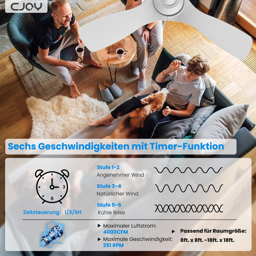 CJOY Deckenventilator mit Beleuchtung, 107 cm Deckenventilator mit Beleuchtung und Fernbedienung Leise, DC Umkehrbar, Speicher 3CCT, Dimmbar, 6 Geschwindigkeiten, Zeitschaltuhr Für Schlafzimmer