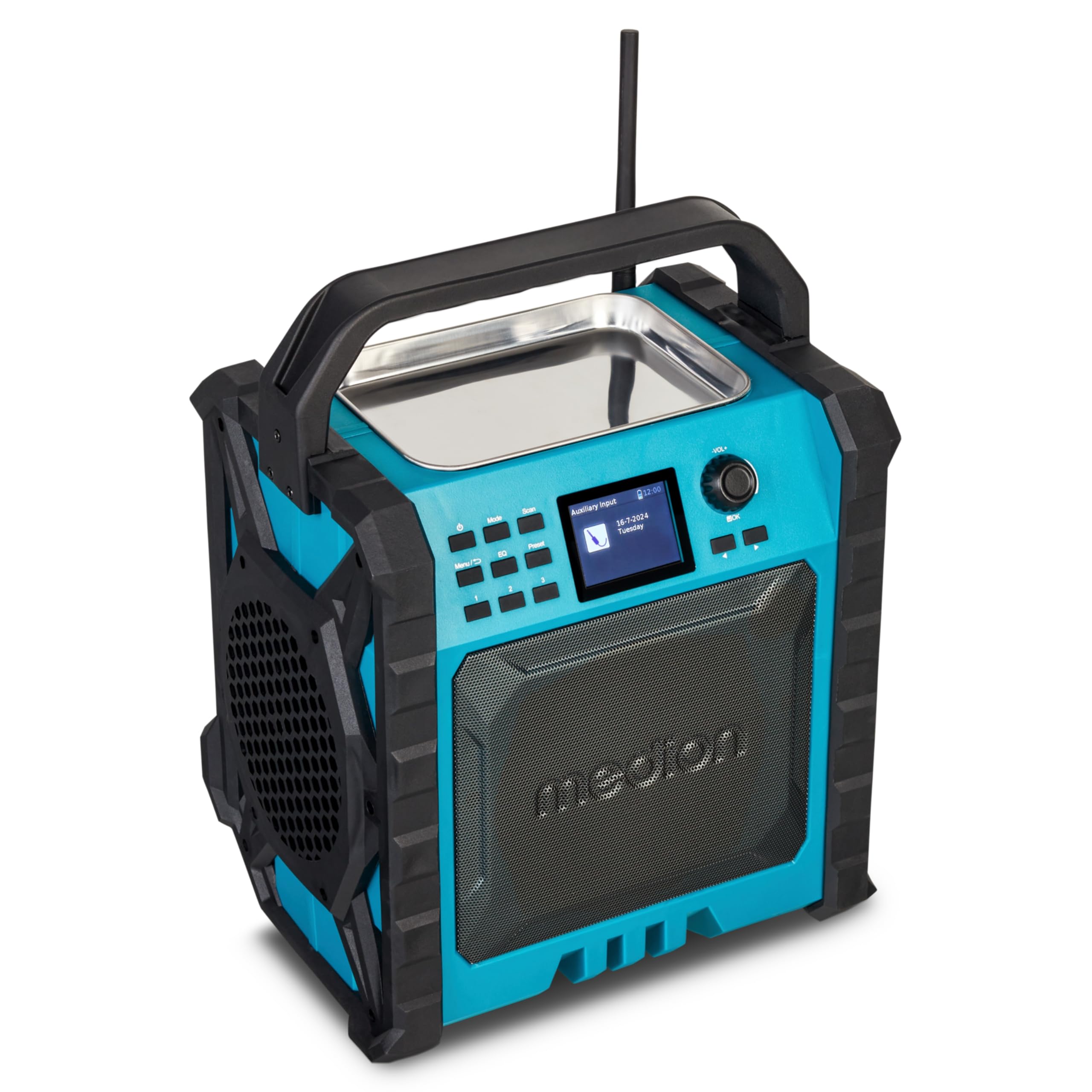 MEDION P66896 Baustellenradio (DAB Plus, DAB+/UKW, integrierter Akku, Farbdisplay, Bluetooth, Powerbank-Funktion, IP54, robust, Zwei Passivradiatoren)