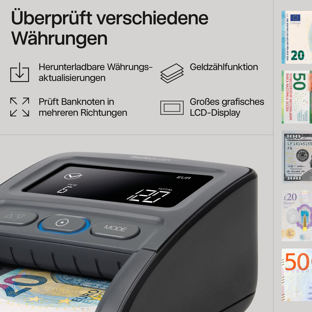 Safescan 155-S automatischer Geldscheinprüfer zur schnellen Überprüfung von Geldscheinen - Falschgeldprüfgerät mit 7-facher Echtheitsprüfung - 100% genauer Geldscheinprüfer