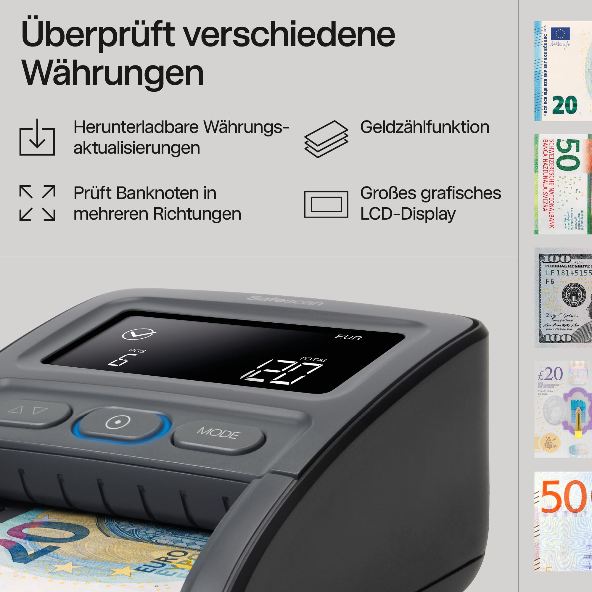 Safescan 155-S automatischer Geldscheinprüfer zur schnellen Überprüfung von Geldscheinen - Falschgeldprüfgerät mit 7-facher Echtheitsprüfung - 100% genauer Geldscheinprüfer