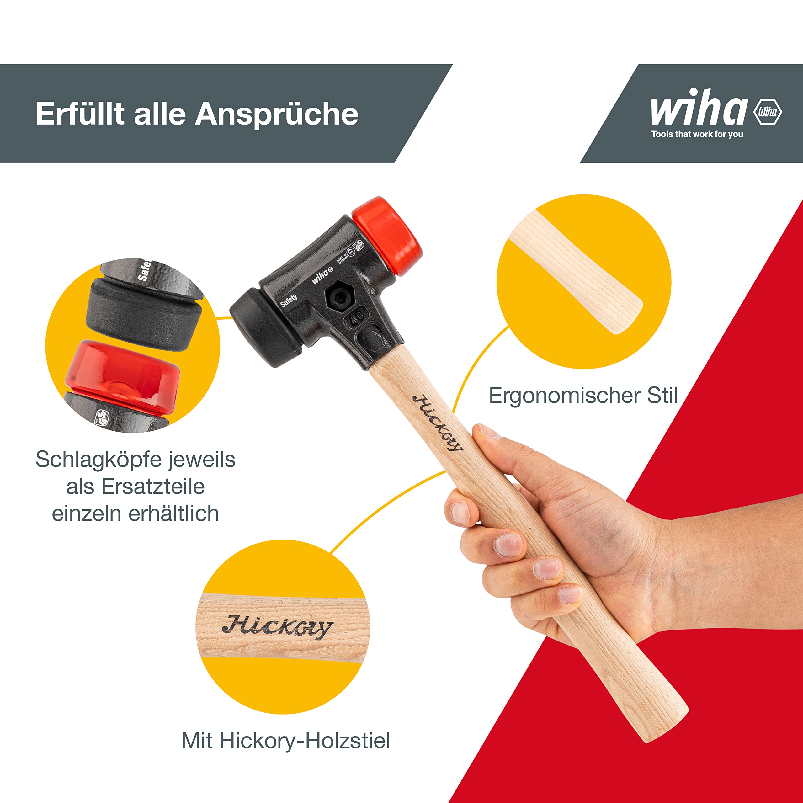 Wiha Schonhammer Safety mittelweich und hart (26612) I Gummihammer mit hochwertigem Hickory Holzstiel I Rund-Schlagkopf 40mm