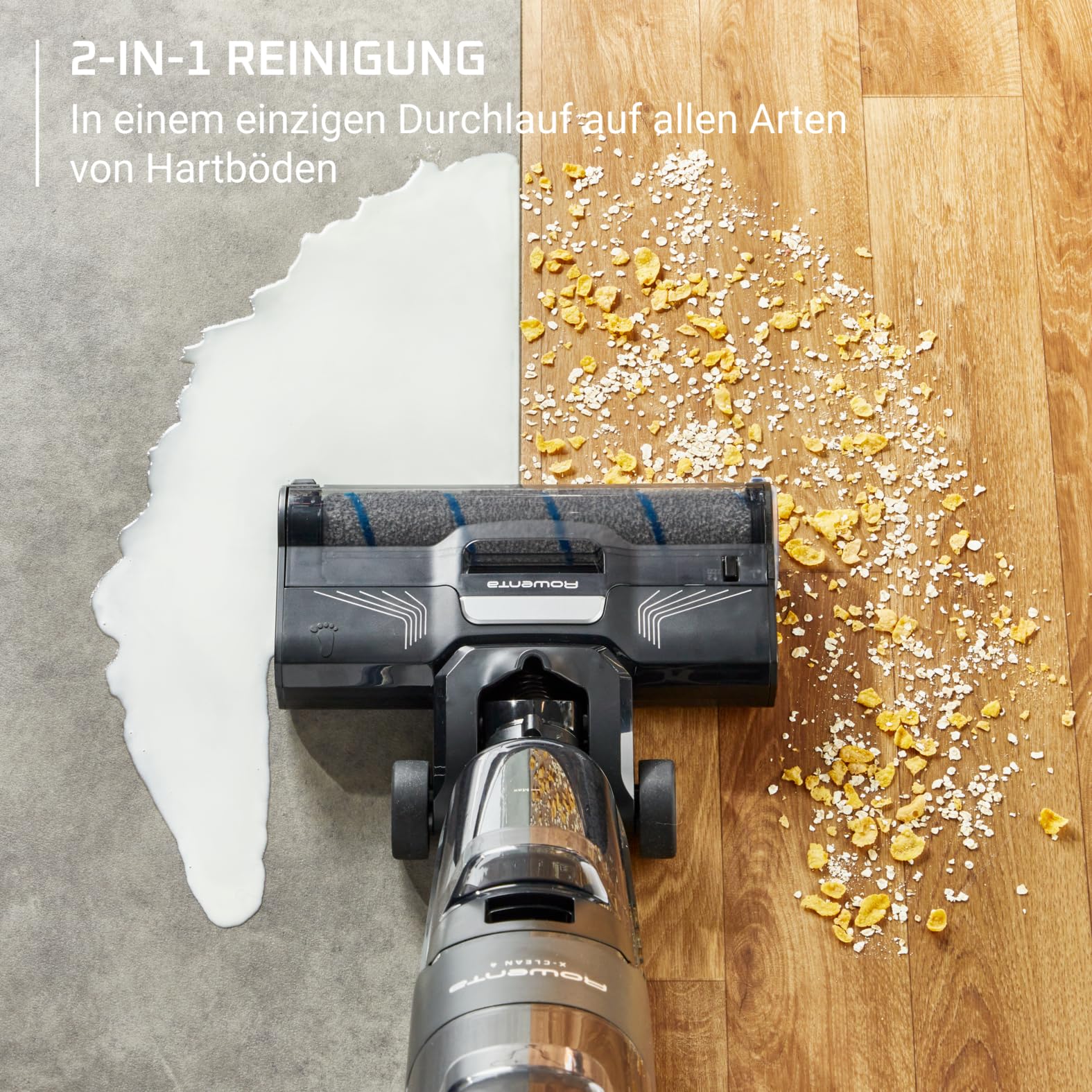 Rowenta X-Clean 4 kabelloser Nass-und Trockenstaubsauger, Selbstreinigungsfunktion, 50min Laufzeit, automatische Schmutzerkennung, Nasssauger mit smartem LED Display, für alle Hartböden, grau GZ5036WO