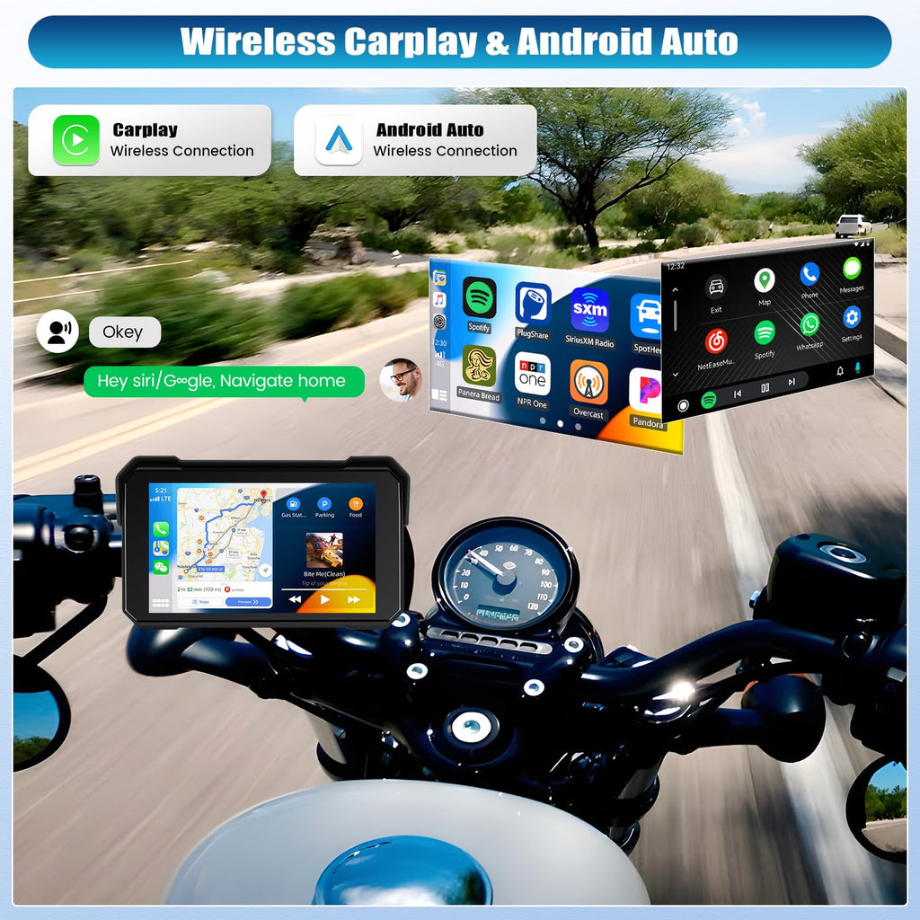 Motorcycle GPS CarPlay Screen with Motorcycle Design Holder, Wireless Carplay and Android Car, Portable Waterproof 5 Inch Touchscreen Motorcycle GPS CarPlay Screen Supports Bluetooth, Siri