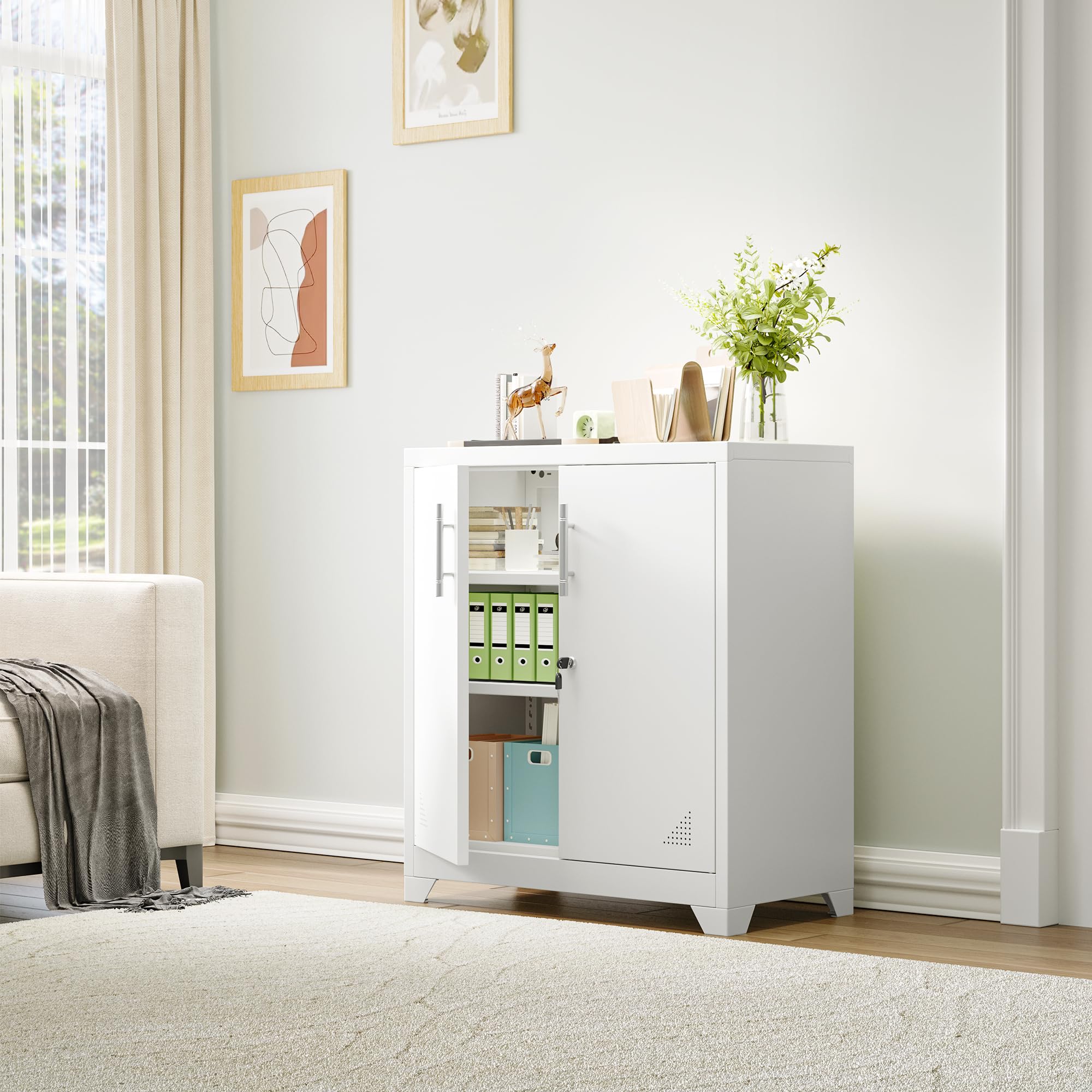 YITAHOME Aktenschrank Abschließbar, Metallschrank mit 2 Verstellbare Einlegeböden, Büroschrank Stahlschrank mit Belüftungslöcher für Arbeitszimmer Büro Garage Schule, Weiß, 80 x 40 x 90cm