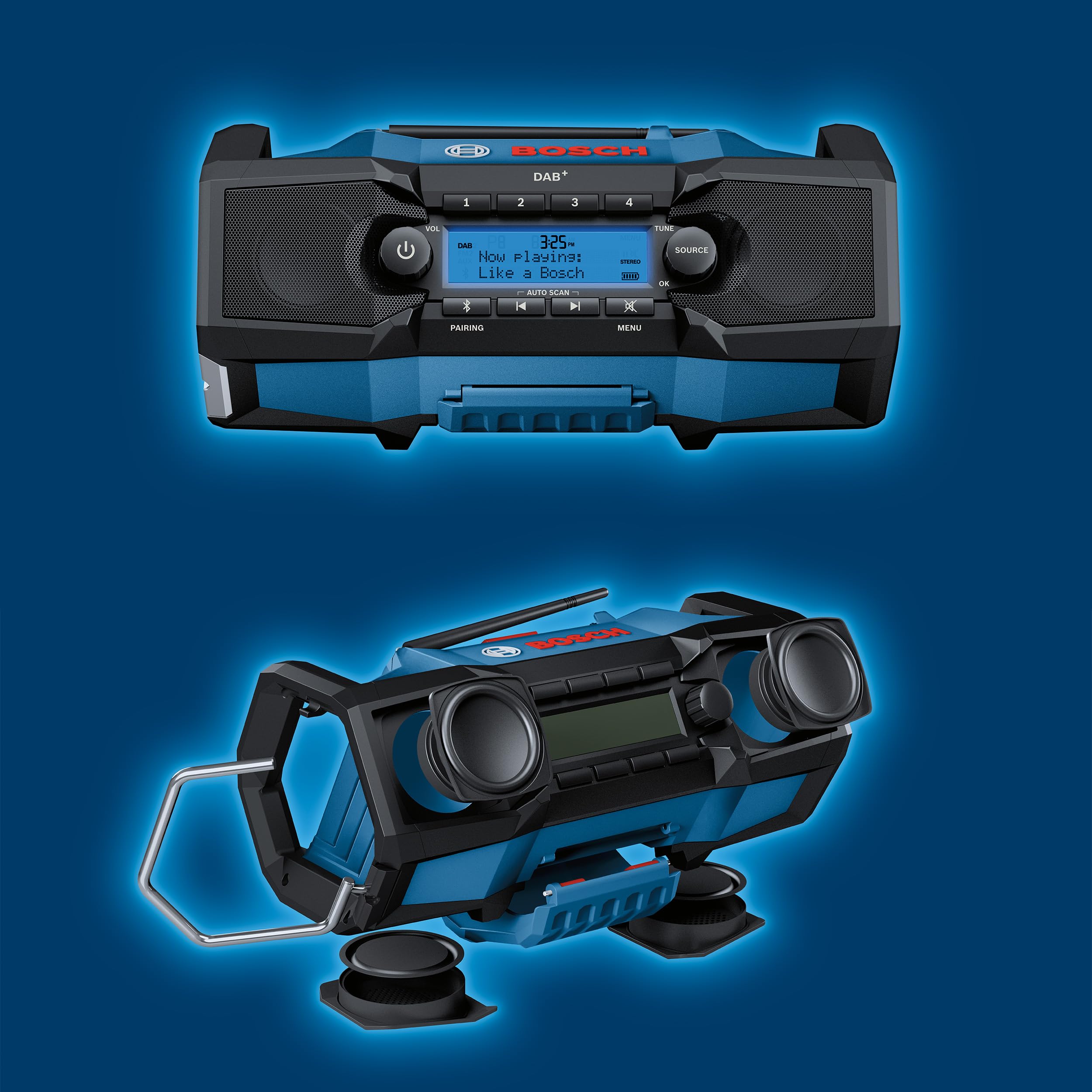 Bosch Professional 18V System Akku Baustellenradio GPB 18V-2 SC (Empfang über DAB+, Bluetooth, FM und AUX, inkl. 1x Netzteil, 1x AUX-Kabel, 1x 3V CR2032 Lithium-Knopfzellen-Batterie)