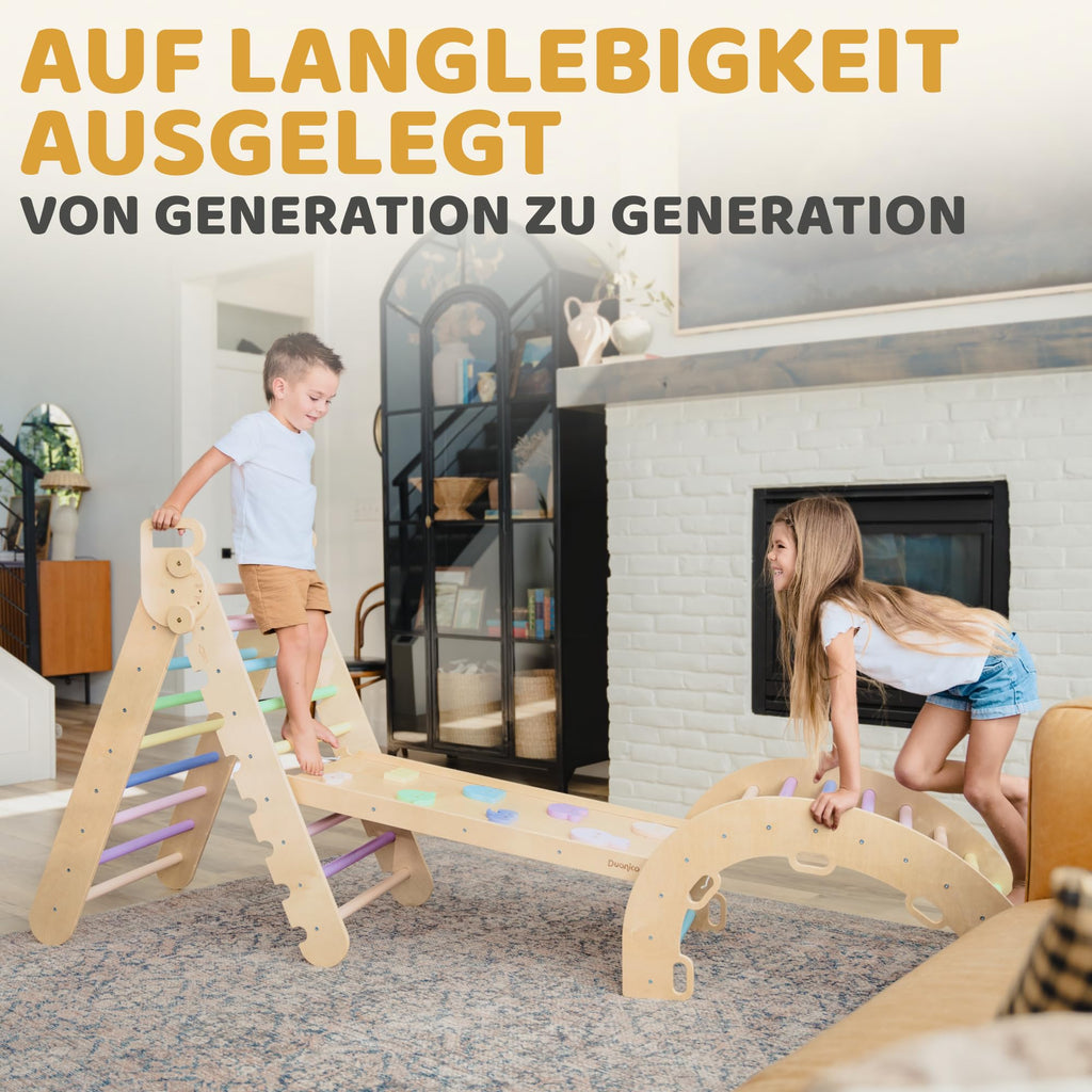 Duanico Großes 9in1 Kinder & Baby Kletterdreieck aus Holz, verstellbar in 5 Winkeln, Rutsche Wippe, Kletterbogen Kissen, Montessori Kletter Spielzeug für Kinder 1–7 Jahre, Klettergerüst Indoor
