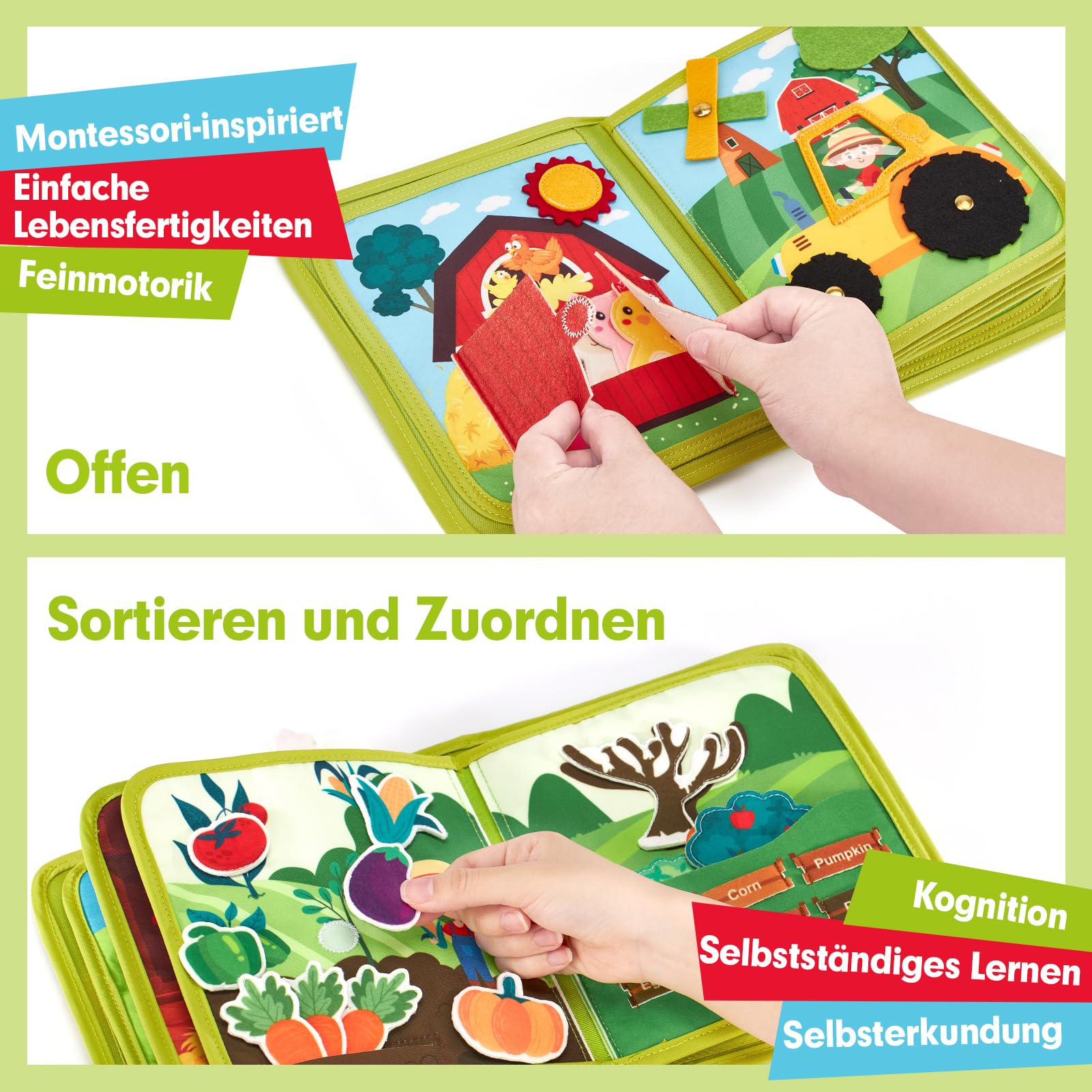 Hahaland Montessori Spielzeug ab 1 Jahr – Quiet Book mit Bauernhof Thema, 20-in-1 Busy Board Weichem Filz für Frühe Bildung,Busy Book für Autofahrten, Geschenk Spielzeug ab 1 2 3 4 Jahre Mädchen Junge