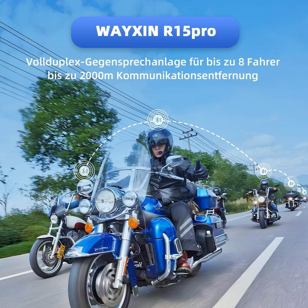 WAYXIN R15pro Motorrad Headset Intercom Helm Headset für bis zu 6 Motorräder 1500M Wireless Kopfhörer mit HiFi/Musik Teilen/FM/AI Sprache Universal intercom Motorradfahren/Skifahren/Radfahren