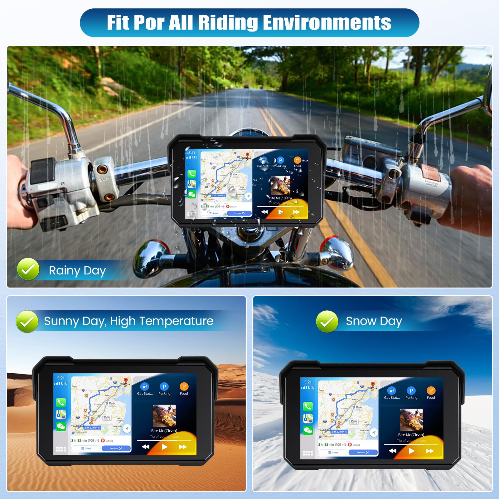 Motorcycle GPS CarPlay Screen with Motorcycle Design Holder, Wireless Carplay and Android Car, Portable Waterproof 5 Inch Touchscreen Motorcycle GPS CarPlay Screen Supports Bluetooth, Siri
