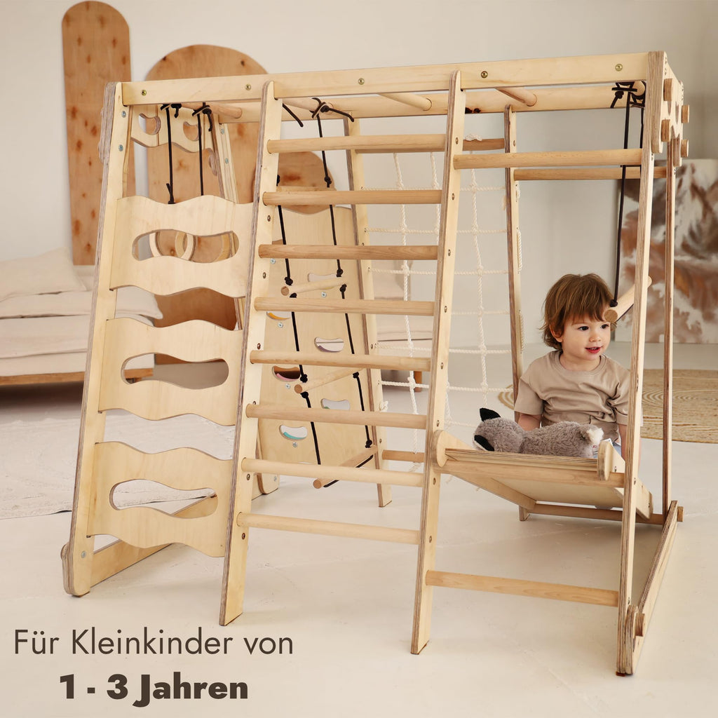Goodevas Verbessert 9-in-1 Klettergerüst Indoor für Kinder, Montessori Klettergerüst mit Rutsche, Schaukel, Kletterwand, Kletterdreieck – Spielplatz für Kinderzimmer