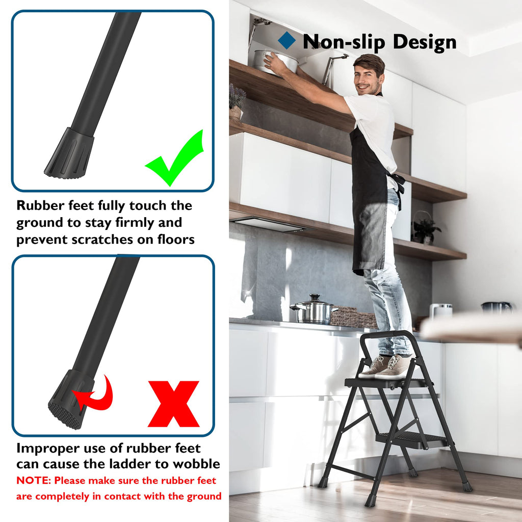 BONTEC Trittleiter 2 Stufen Klappbar, Tritthocker aus Stahl mit 150kg Tragkraft, Breite rutschfeste Pedale, Faltbare Trittleiter Schwarz, Schwammgriff, für Innen- und Außenbereich