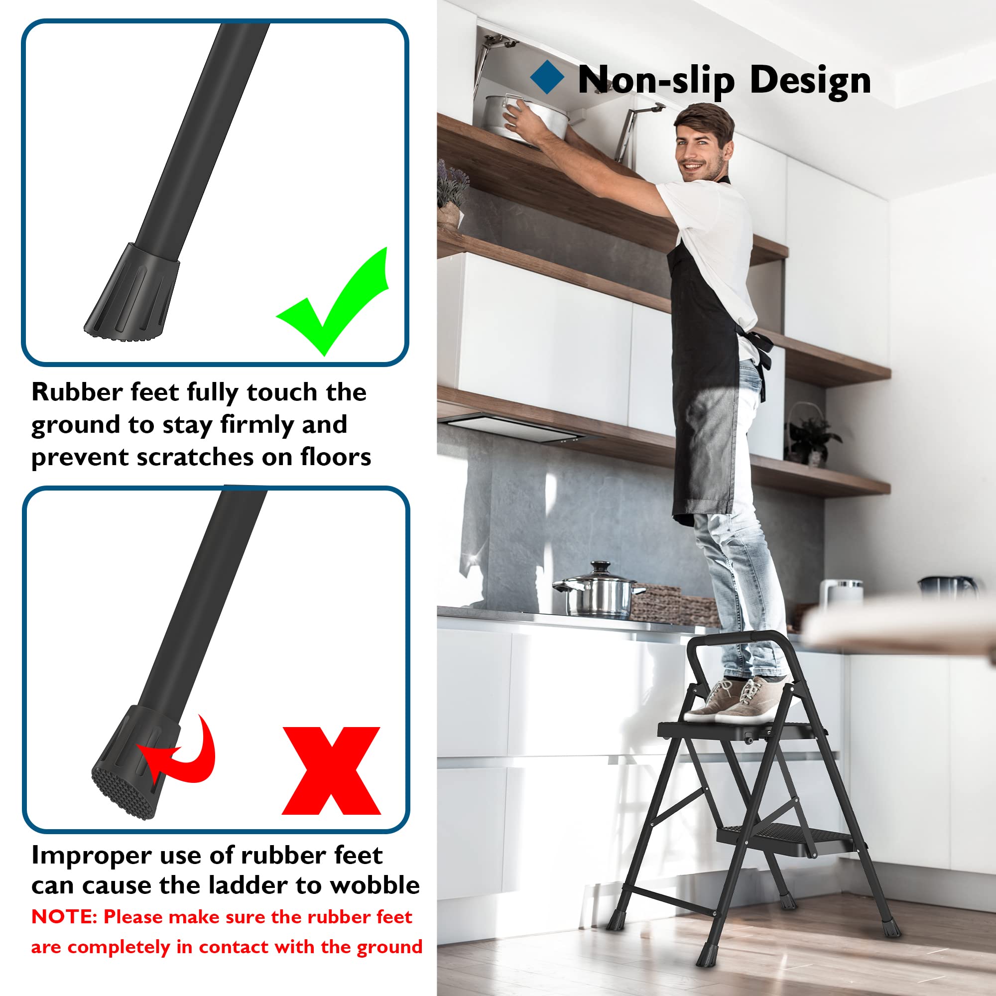 BONTEC Trittleiter 2 Stufen Klappbar, Tritthocker aus Stahl mit 150kg Tragkraft, Breite rutschfeste Pedale, Faltbare Trittleiter Schwarz, Schwammgriff, für Innen- und Außenbereich