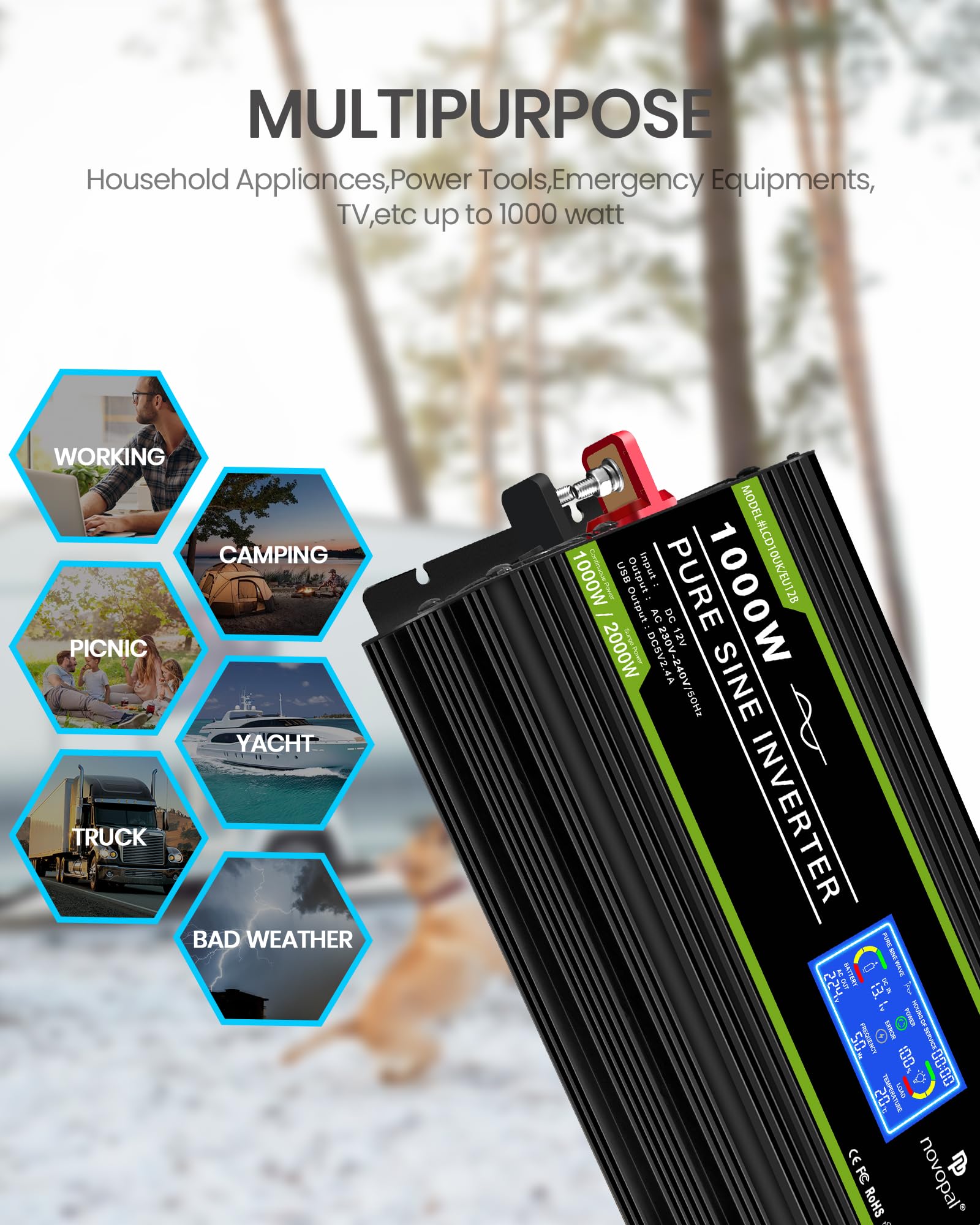 NOVOPAL 1000W Kfz Wechselrichter Spannungswandler 12v 230v Reiner Sinus mit LCD-Display und USB-Anschluss + 2AC Steckdosen mit USB-Ausgang und 5m-Fernbedienung