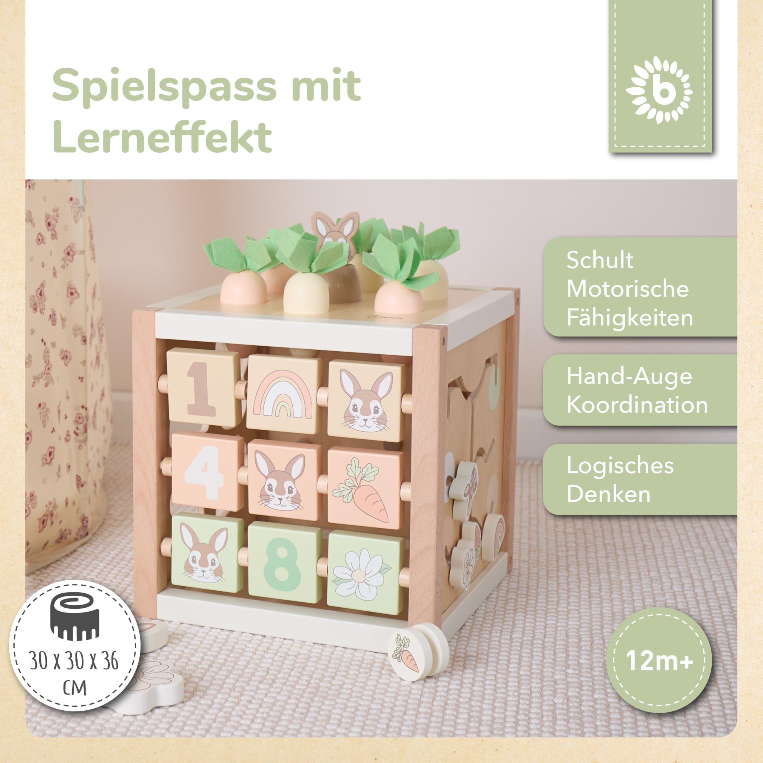 Bieco Motorikwürfel Hase Fine XXL nachhaltiges Holz FSC® | Spielwürfel Baby | Motorikwürfel ab 1 Jahr Activity Würfel Activity Center Montessori