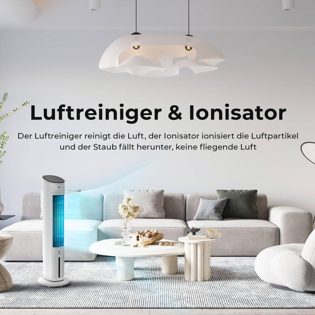 Balter VT-09-WH 5in1 Turmventilator, Ventilator mit Wasserkühlung, Luftkühler, Luftbefeuchter, Luftreiniger, Ionisator, Fernbedienung, Timer, 4L, 55W