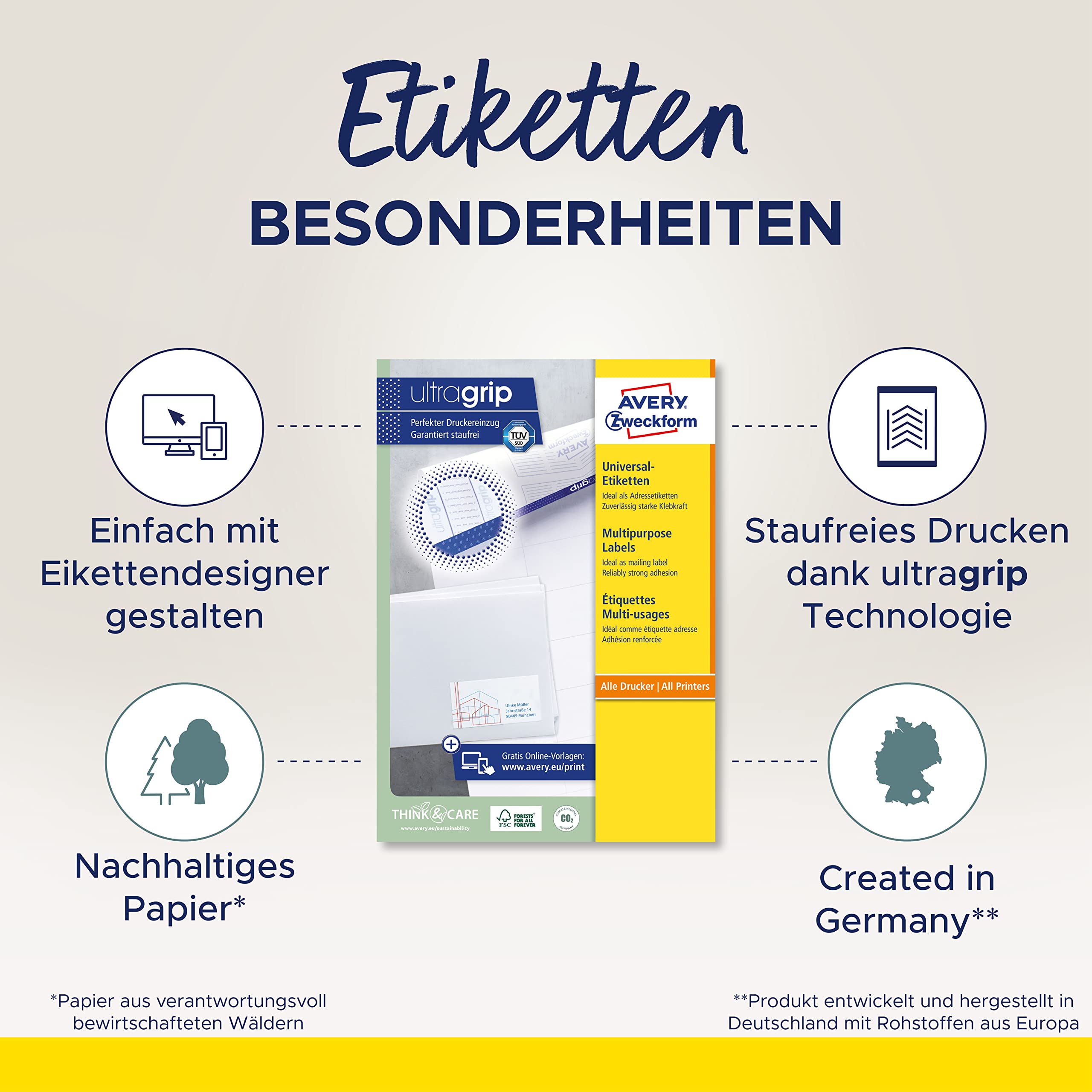 AVERY Zweckform 3478-200 Universal Etiketten (200 plus 20 Klebeetiketten extra, 210x297mm auf A4, bedruckbare Versandetiketten, selbstklebende Versandaufkleber mit ultragrip) 220 Blatt, weiß