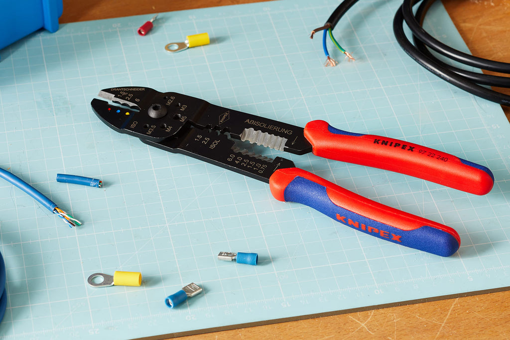 KNIPEX Crimpzange, 0,5-6,0 mm², für Kabelschuhe und Flachsteckverbinder, mit Abisolier- und Scheidfunktion,Presszange, Kabelschuhzange, 97 22 240