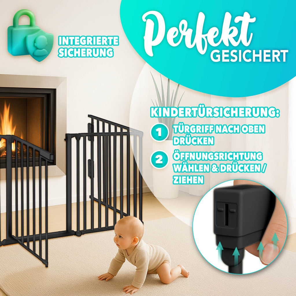 KIDUKU® Kaminschutzgitter mit Tür Metall 300 cm | Absperrgitter Ofenschutzgitter faltbar | Konfigurationsgitter inkl. 5 Elementen (Schwarz)