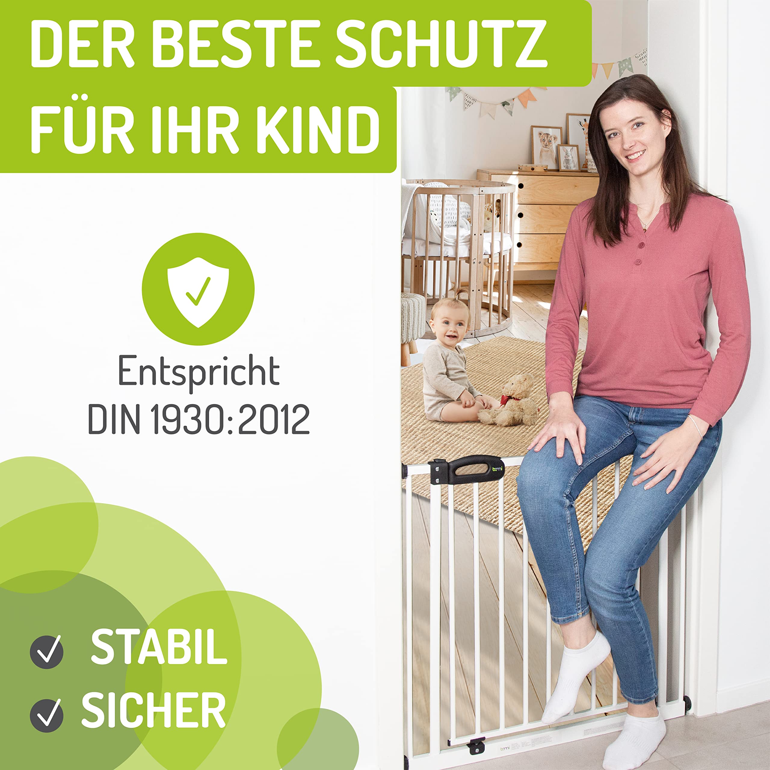 BOMI TÜV GS Siegel Kindertreppen Gitter XXL Merle | Ohne Bohren | Schließt automatisch | Gittertür aus Metall Weiss | Stabile Baby Schutzgitter Tür für Kindersicherheit | Breite: 93-101 cm