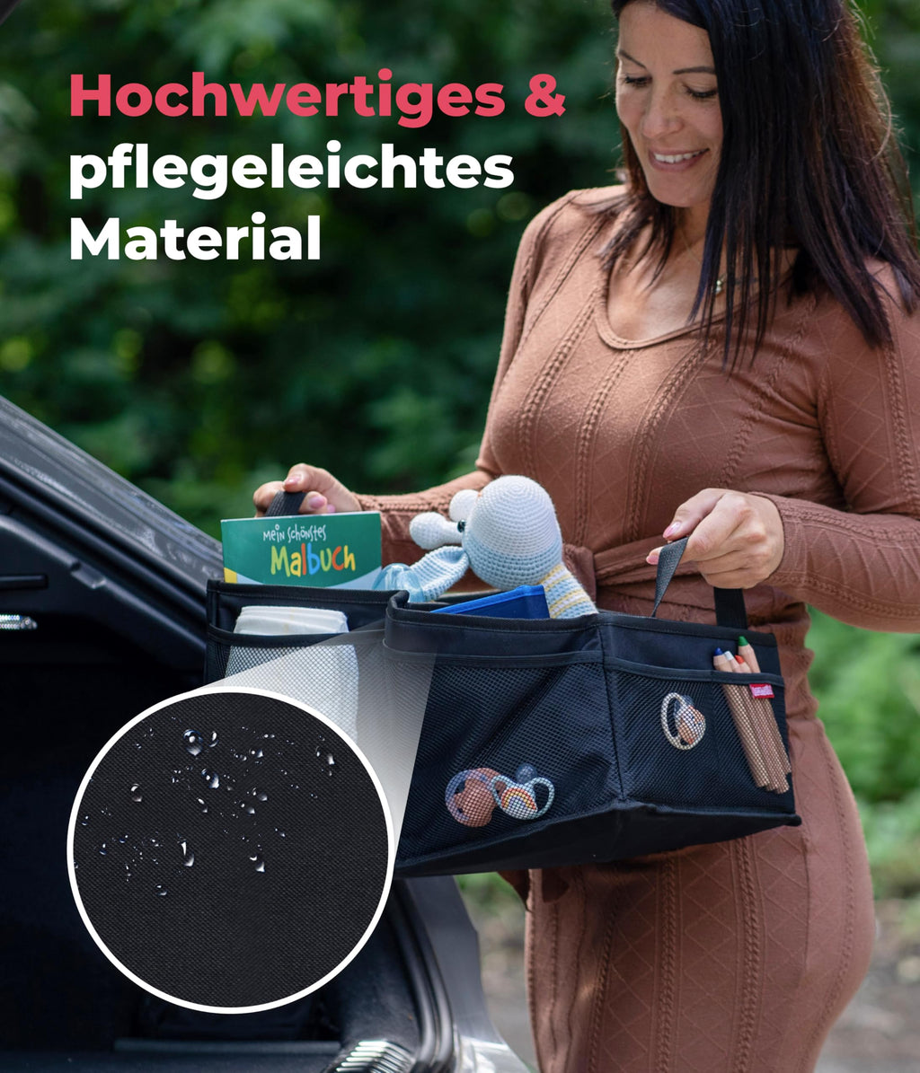 HerzensKind Auto Organizer - die praktische Faltbox für den Rücksitz oder Kofferraum. Rücksitz Organizer zum Verstauen von Windeln Spielzeug etc. neben dem Kindersitz