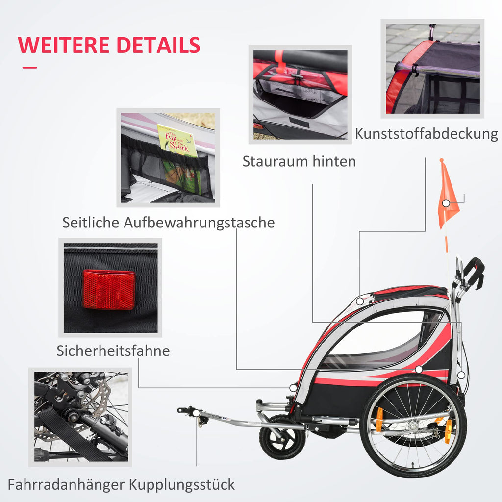 HOMCOM 2 in 1 Kinderanhänger klappbar Fahrradanhänger mit abnehmbarem Vorderrad, Hinterradbremsen, Kinderfahrradanhänger für 2 Kinder ab 18 Monate, bis 26,4 kg belastbar, Rot