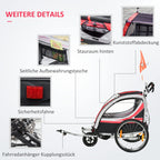 HOMCOM 2 in 1 Kinderanhänger klappbar Fahrradanhänger mit abnehmbarem Vorderrad, Hinterradbremsen, Kinderfahrradanhänger für 2 Kinder ab 18 Monate, bis 26,4 kg belastbar, Rot