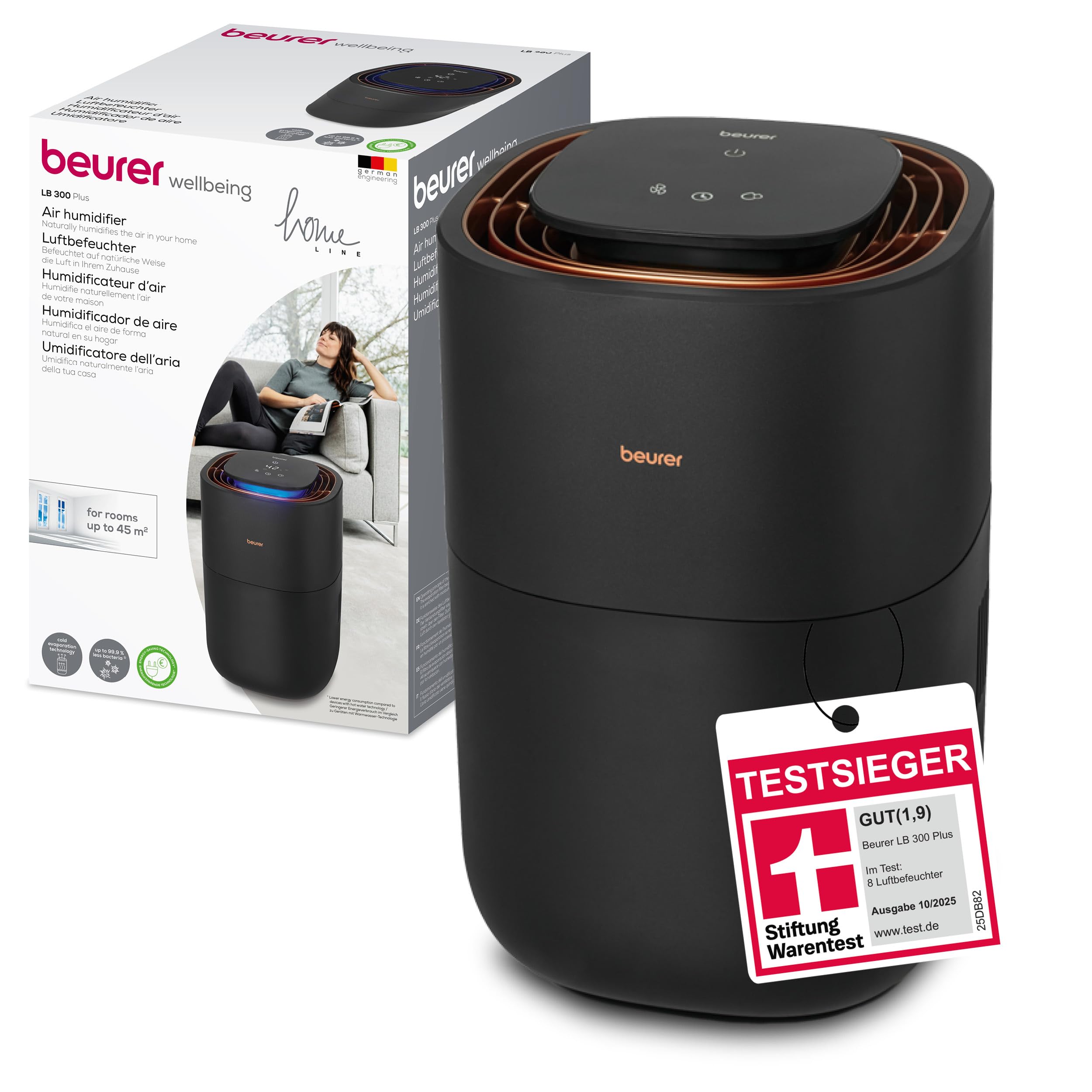 Beurer LB 300 Plus Luftbefeuchter, TESTSIEGER Stiftung Warentest, mit energieeffizienter Kaltverdunstungstechnologie, farbiger Luftfeuchtigkeitsindikator, Filtertrocknungsfunktion, Räume bis ca. 45m²