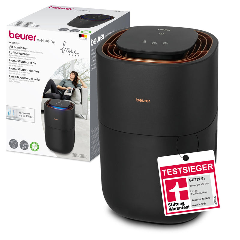 Beurer LB 300 Plus Luftbefeuchter, TESTSIEGER Stiftung Warentest, mit energieeffizienter Kaltverdunstungstechnologie, farbiger Luftfeuchtigkeitsindikator, Filtertrocknungsfunktion, Räume bis ca. 45m²