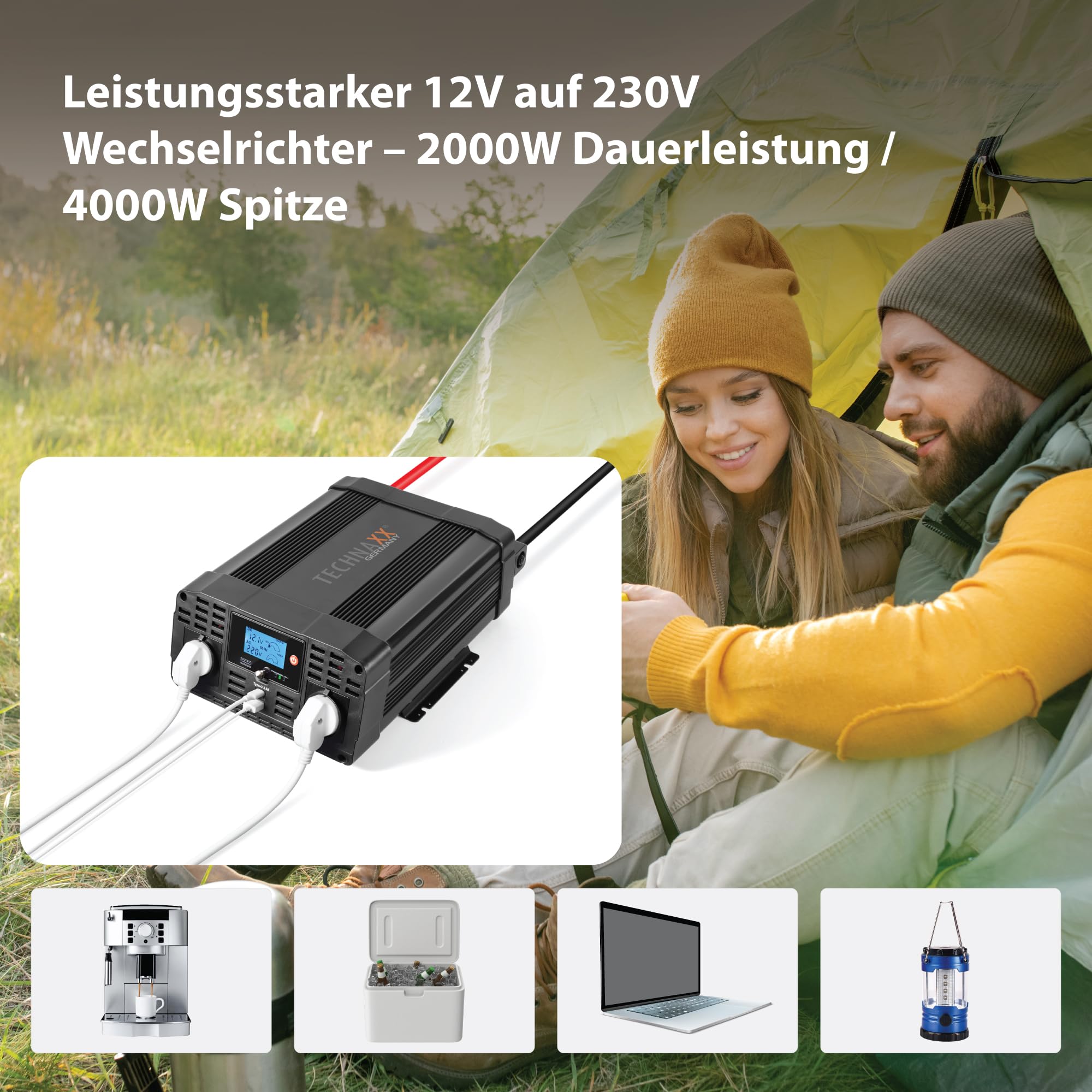 Technaxx KFZ Wechselrichter 12V auf 230V 2000W / 4000W – TÜV-zertifizierter Auto Spannungswandler mit LC-Display, 2x Schuko & 2x USB – Inverter für Camping, Wohnmobil, Boot – TE20