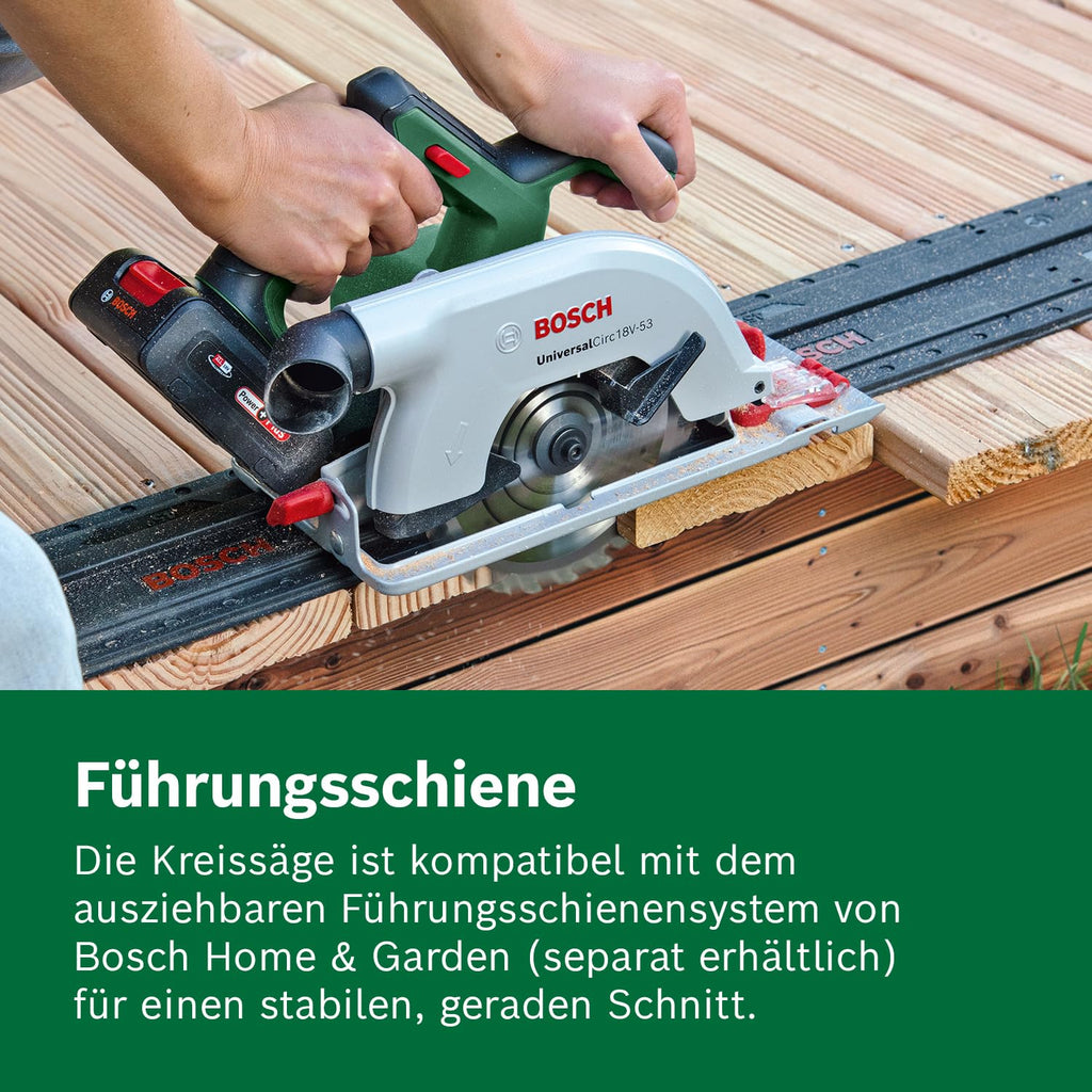 Bosch Akku-Kreissäge UniversalCirc 18V-53 (Präzises Sägen in Holz; max. Schnitttiefe 53 mm; 18 Volt System; 1x 2,5Ah Akku und Ladegerät)