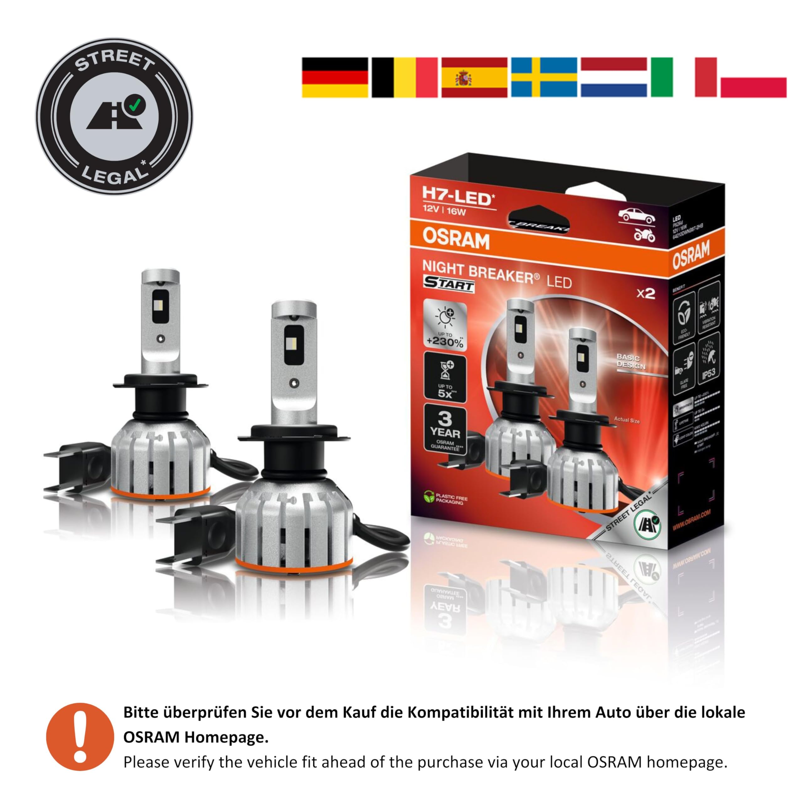 Osram Night Breaker LED H7 Extremhelligkeit Lichtleistung Fahrer Straßenzulassung