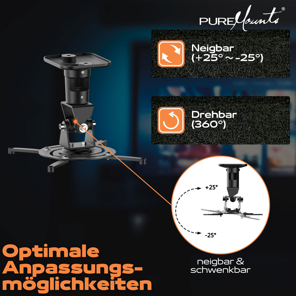 PureMounts Beamer Deckenhalterung Spider-Plus-B - 25 grad neigbar und 360 grad drehbar, 220mm Deckenabstand,(15kg), Lochabstand 180-310mm, schwarz