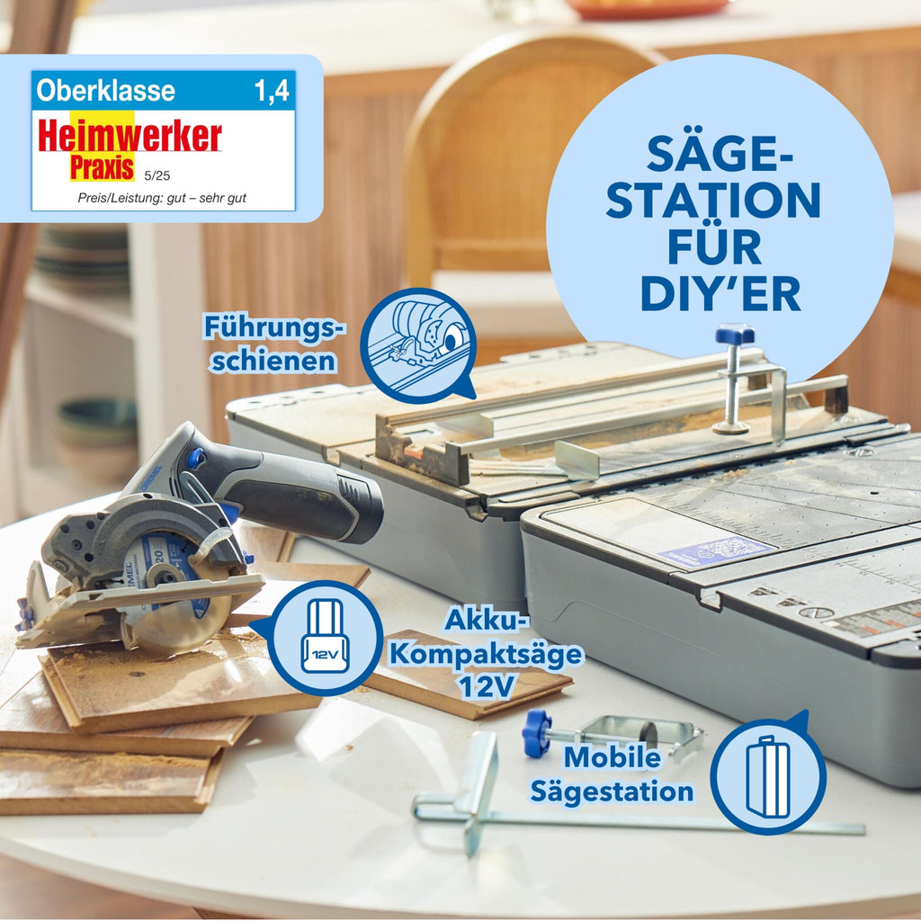 Dremel Blueprint Bürstenlose 12V Akku-Mobile Sägestation mit 1x Kompakt-säge, 1x Sägetischkoffer, 1x 2.0 Akku + Ladegerät, 1x Multi Material Kreissägeblatt, 2x Schraub-zwingen, Mehrere Schnitt-Arten