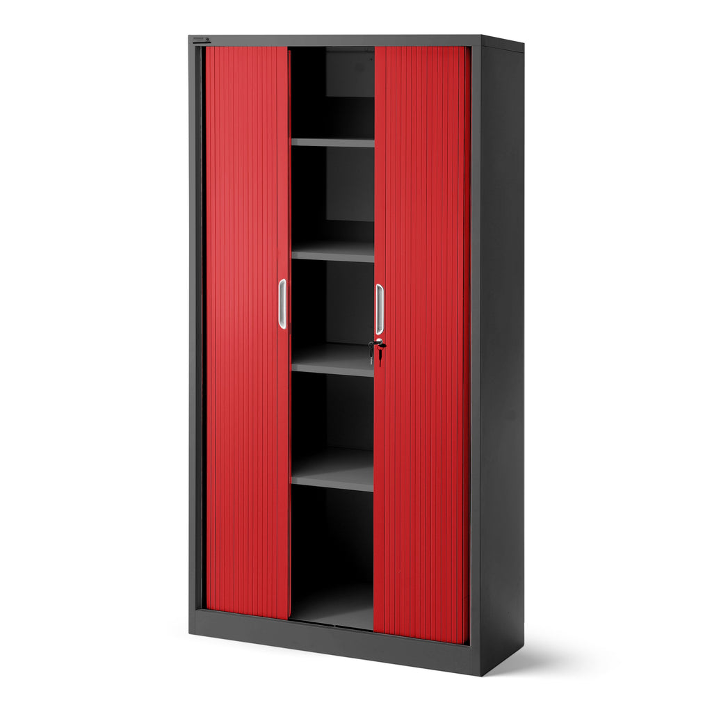 Jan Nowak Rollladenschrank Aktenschrank Büroschrank mit Rolltüren Querrollladenschrank Metall Pulverbeschichtung 4 Einlegeböden 185 cm x 90 cm x 45 cm (Anthrazit-Rot)