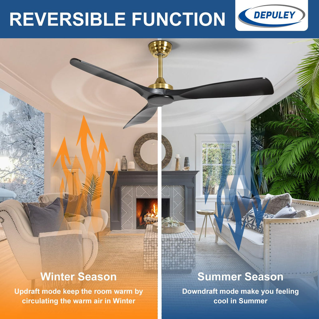 Depuley Groß Deckenventilator ohne Licht: 132CM Ventilator mit Fernbedienung und APP für Terrasse Garten - Leise Deckenventilator, Reversibler DC Timer für Schlafzimmer, Wohnzimmer, Schwarz und Gold