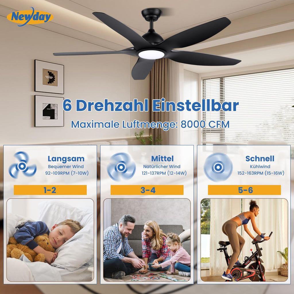 Newday Deckenventilatoren Große 153CM, Deckenventilator Schwarz mit Beleuchtung und Fernbedienung Leise, Ventilator mit Licht, 5 Flügel, Motor DC Reversibel, Stufenloser Dimmer, Zeitgeber für wohnraum