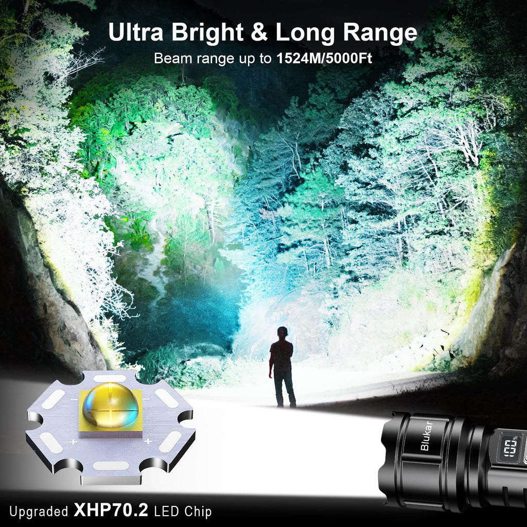 Blukar Taschenlampe LED Aufladbar, Extrem Hell Hohe Helligkeit Taschenlampen Zoombare Handlampe mit 5 Lichtmodi, IP67 Wasserdicht Flashlight Torch für Camping, Outdoor, Notfäll