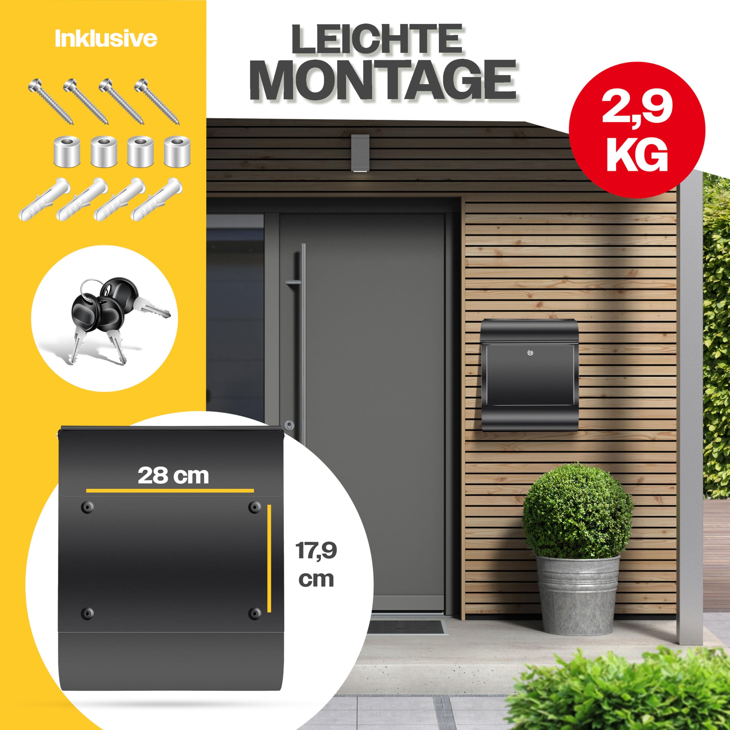 KESSER® XXL Briefkasten Edelstahl mit Zeitungsfach, gebürstet, 3X Schlüssel abschließbar, Pulverbeschichtet, Wandmontage, groß Front-Einwurf: DIN C4 = DIN A4, inkl. Montagematerial, Schwarz