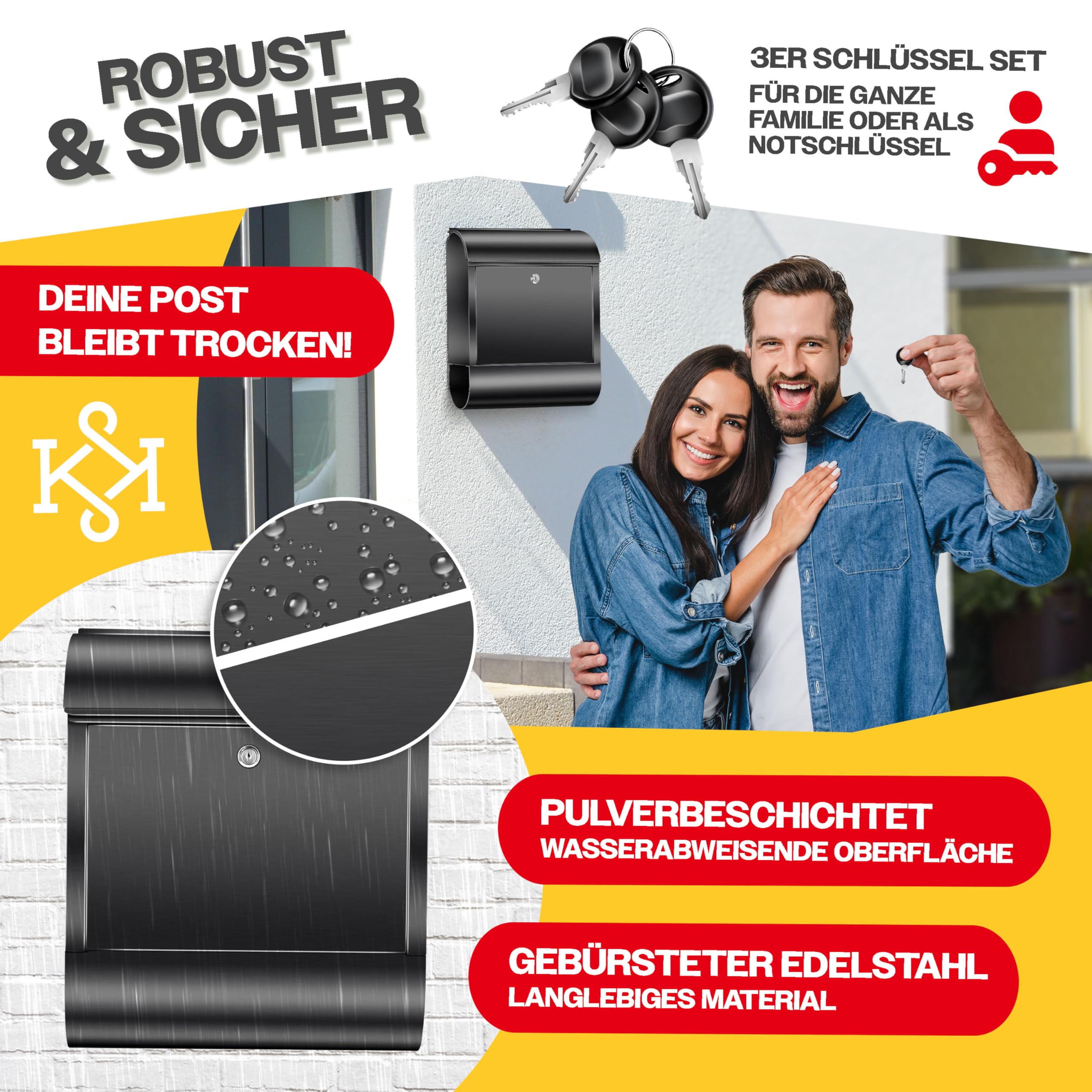 KESSER® XXL Briefkasten Edelstahl mit Zeitungsfach, gebürstet, 3X Schlüssel abschließbar, Pulverbeschichtet, Wandmontage, groß Front-Einwurf: DIN C4 = DIN A4, inkl. Montagematerial, Schwarz