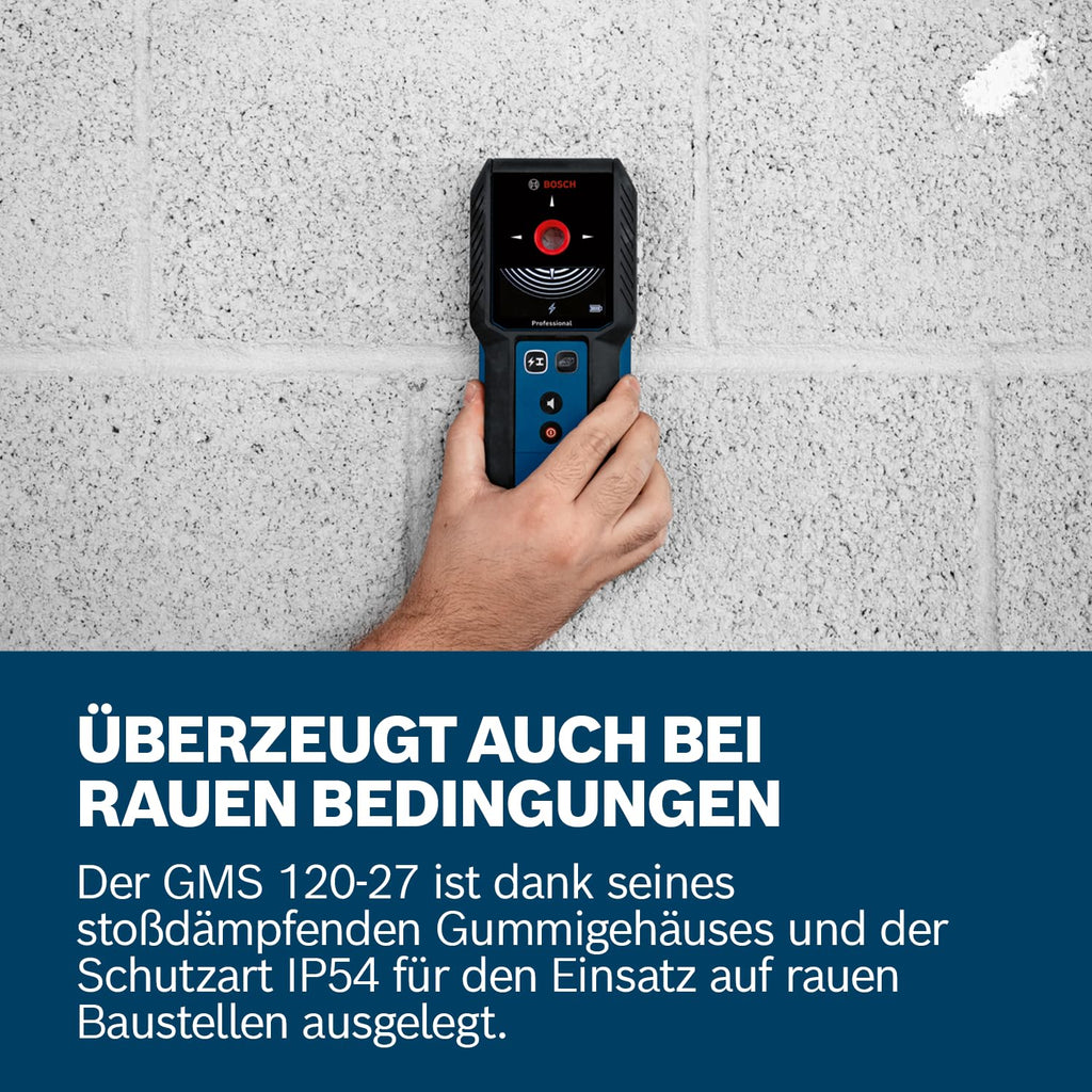 Bosch Professional Ortungsgerät GMS 120-27 (2xAA Batterien, max. Detektionstiefe Nicht-magnetisches Metall/magnetisches Metall/Spannungsführende Leitungen/Holz: 120/100/50/30 mm, Schutztasche)