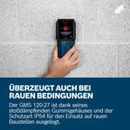 Bosch Professional Ortungsgerät GMS 120-27 (2xAA Batterien, max. Detektionstiefe Nicht-magnetisches Metall/magnetisches Metall/Spannungsführende Leitungen/Holz: 120/100/50/30 mm, Schutztasche)
