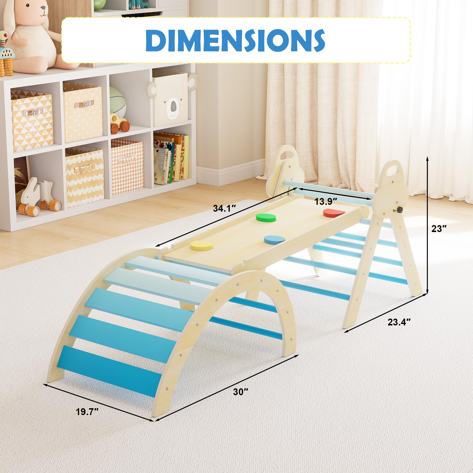 Puecrof 7-in-1 Montessori Kletterdreieck mit Kissen – Holz Kletterspielzeug für Kleinkinder 1-3 Jahre – Indoor Kletterbogen mit Rutsche, Leiter & Spielbogen (Blue)