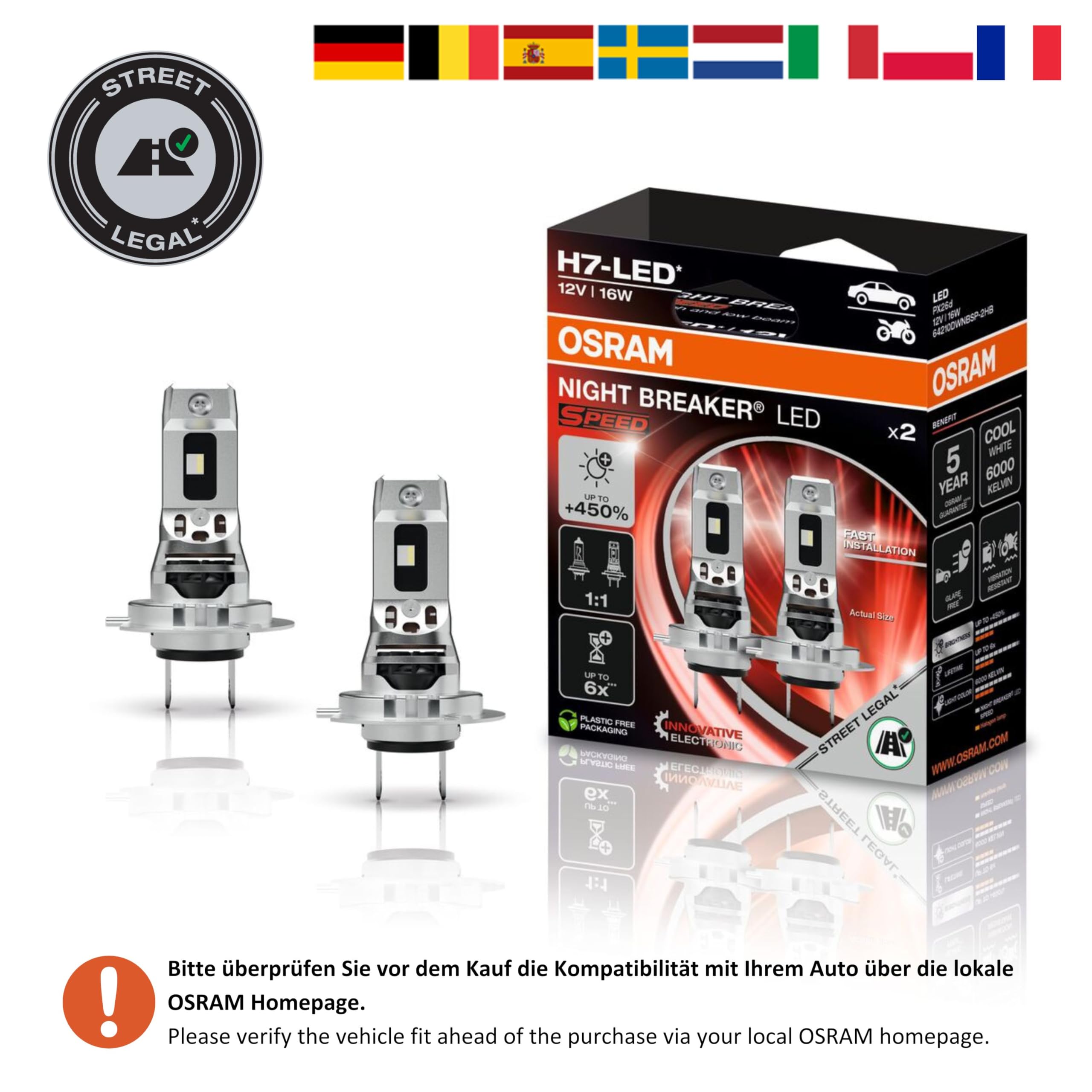 OSRAM Night Breaker LED H7 Straßenzulassung Autofahrerfreundlich Heller Blendungsarm